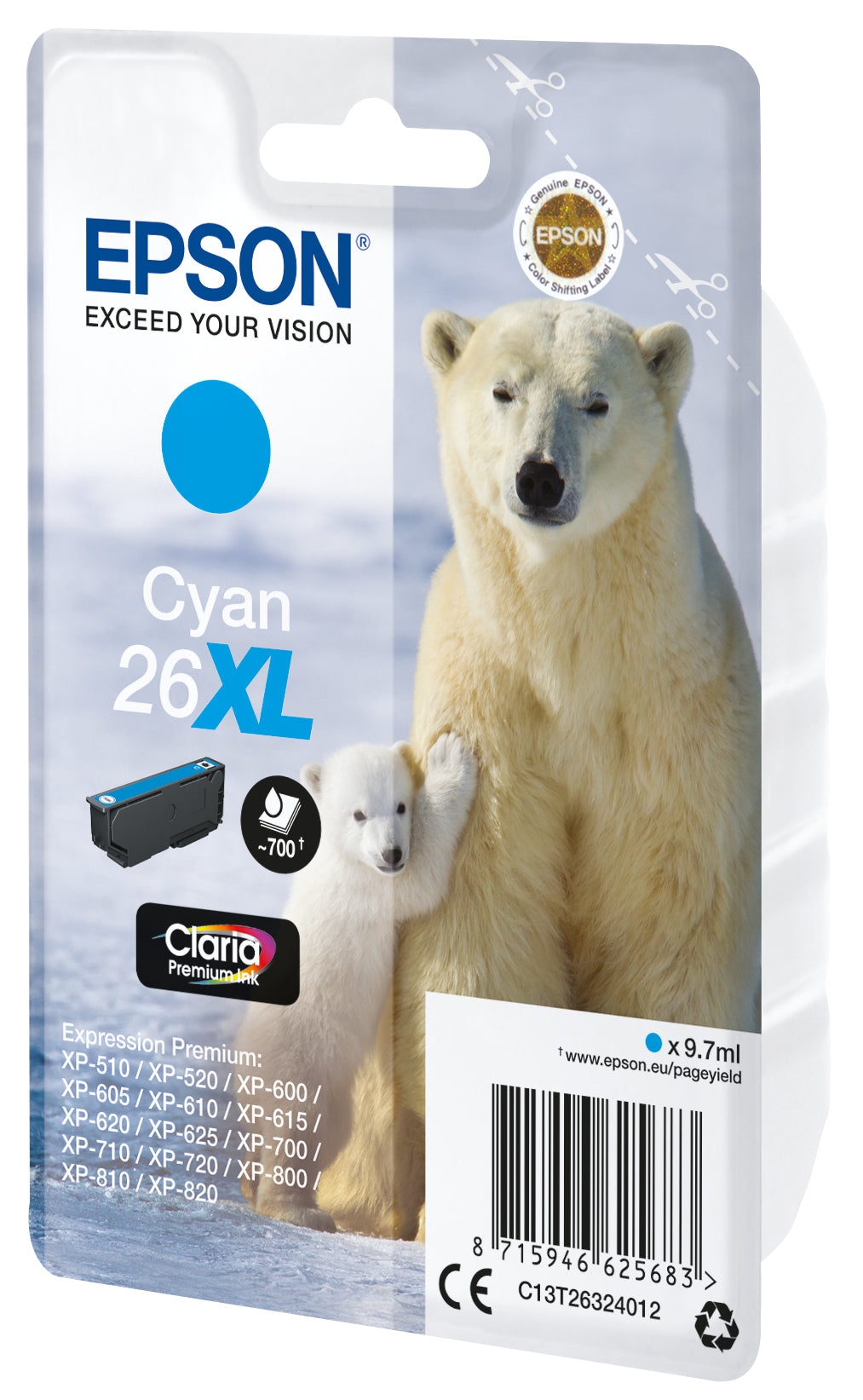 Epson 26XL Cyan Tintenpatrone (Original) – 700 Seiten – für Epson Expression Premium XP-820/XP-720/XP-710 …