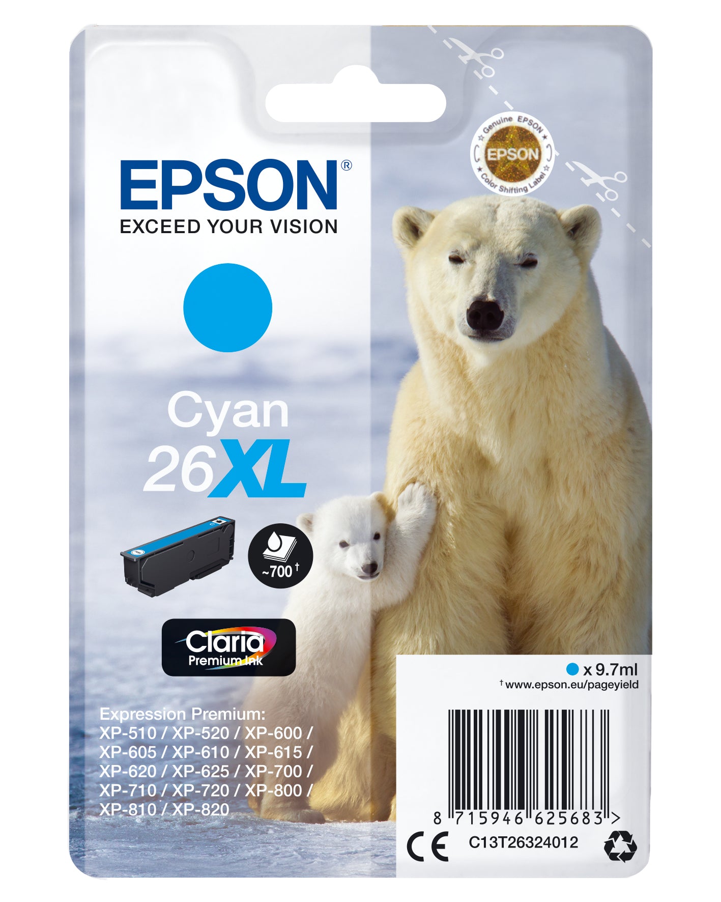 Epson 26XL Cyan Tintenpatrone (Original) – 700 Seiten – für Epson Expression Premium XP-820/XP-720/XP-710 …