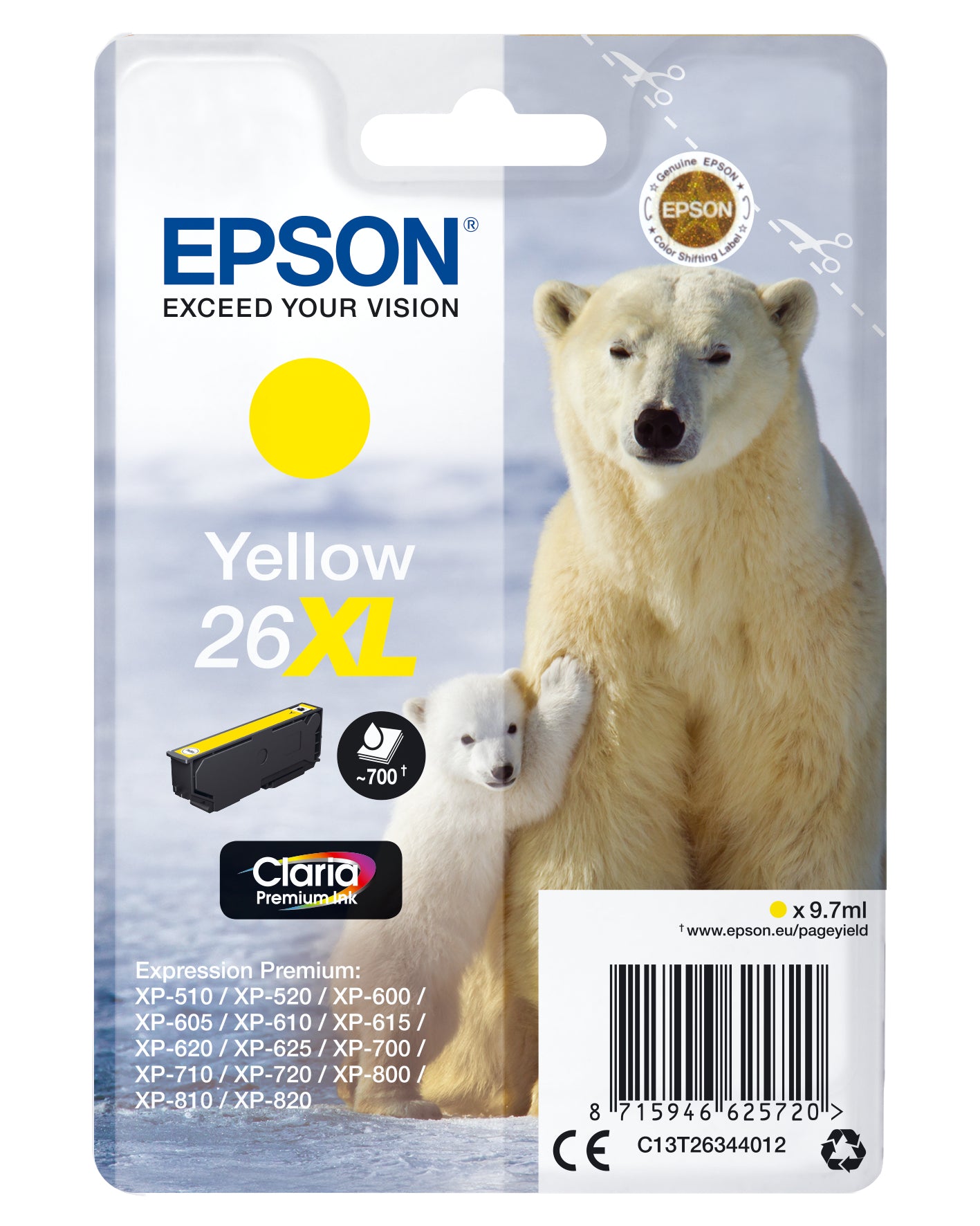 Epson Tintenpatrone 26XL, Gelb, 700 Seiten – für Inkjetdrucker/Multifunktionsgeräte