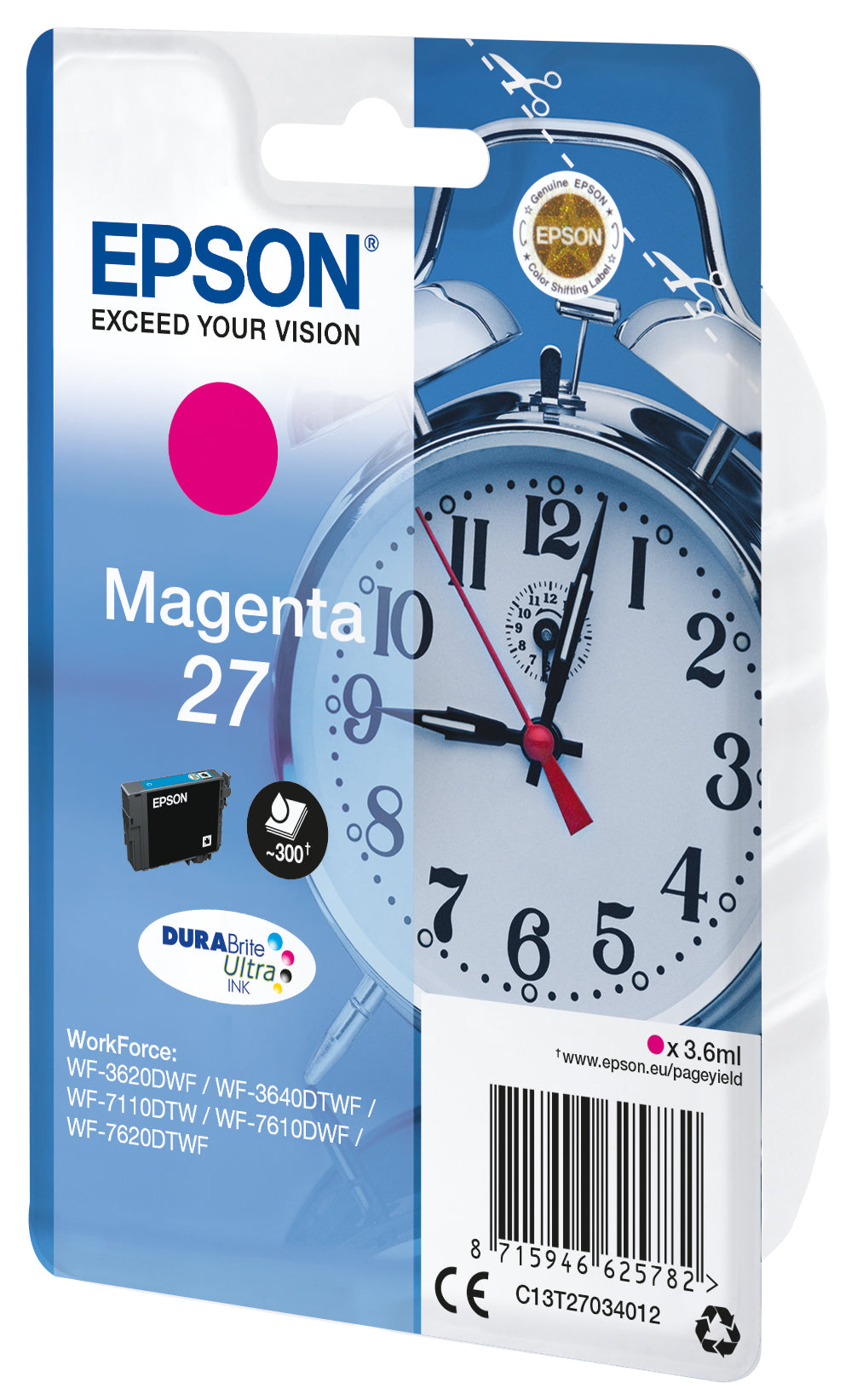 Epson 27 Magenta Tintenpatrone (Original) – 300 Seiten – für WF-7720/7715/7710, WF-7620/7610, WF-3640/3620