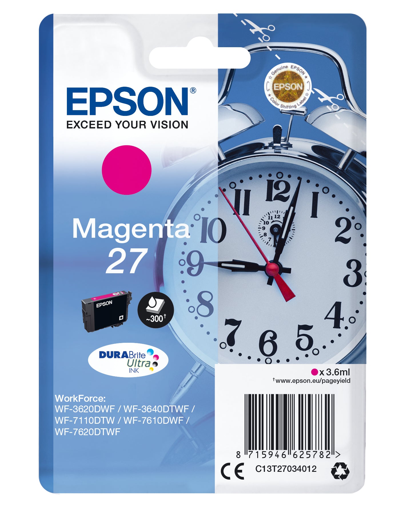 Epson 27 Magenta Tintenpatrone (Original) – 300 Seiten – für WF-7720/7715/7710, WF-7620/7610, WF-3640/3620