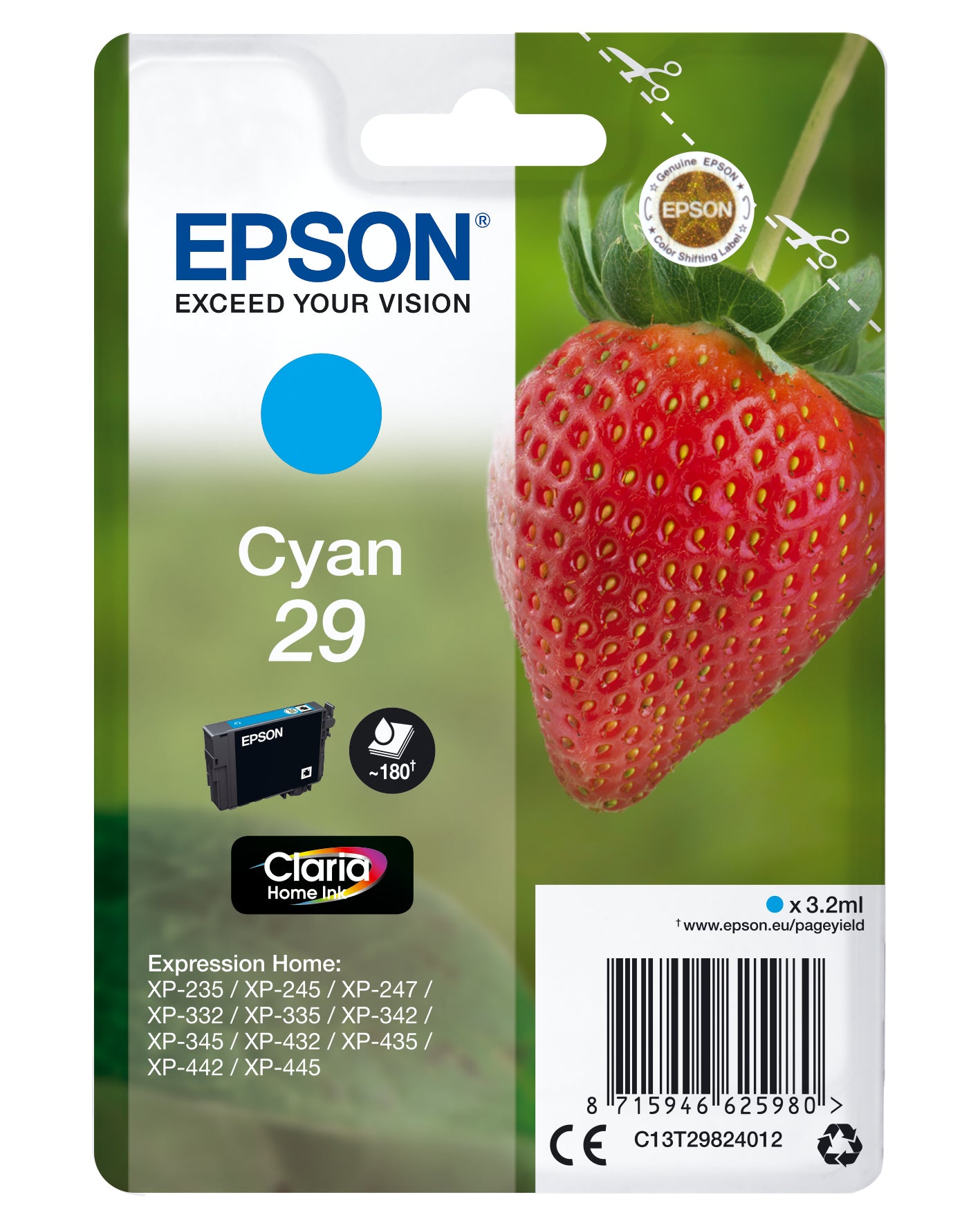 Epson 29 Cyan Tintenpatrone (Original) – 180 Seiten – für Expression Home XP-455/452/445 …