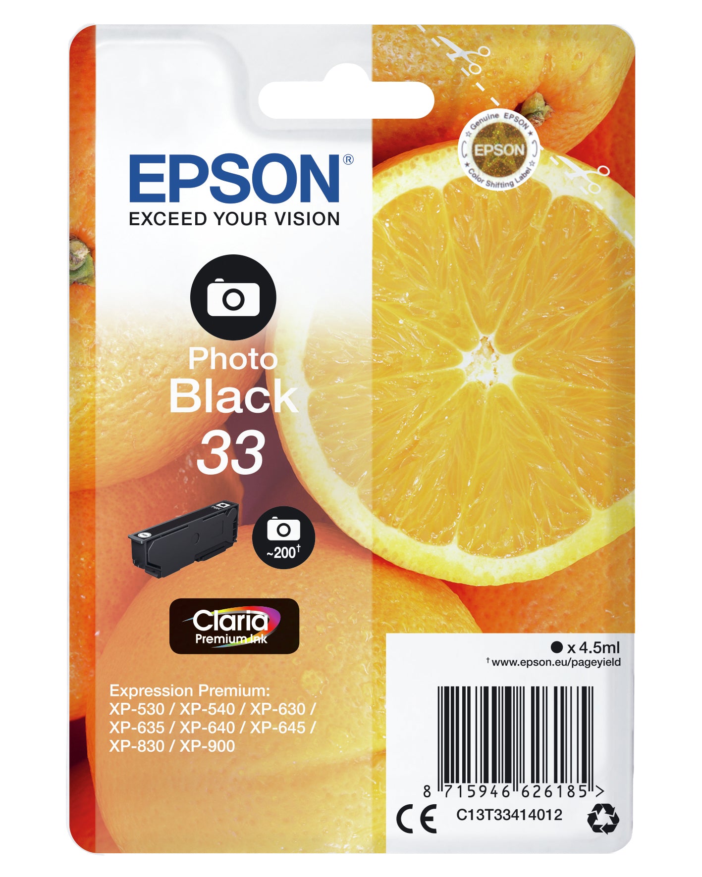 Epson 33 Foto-Schwarz Tintenpatrone (Original) – 200 Seiten – für Expression Premium XP-900/XP-830/XP-645 …
