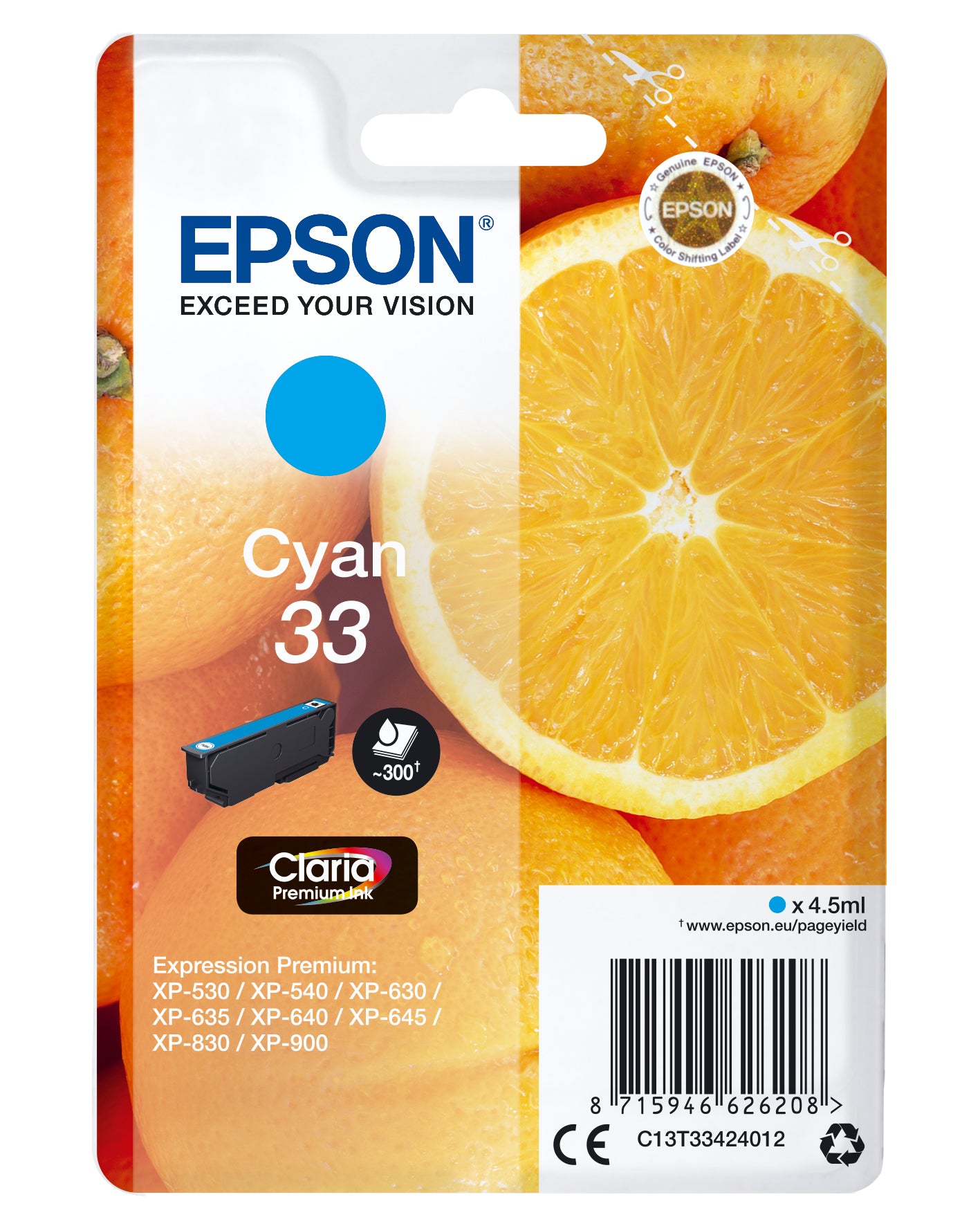 Epson 33 Cyan Tintenpatrone (Original) – 300 Seiten – für Expression Premium XP-900/XP-830/XP-645 …