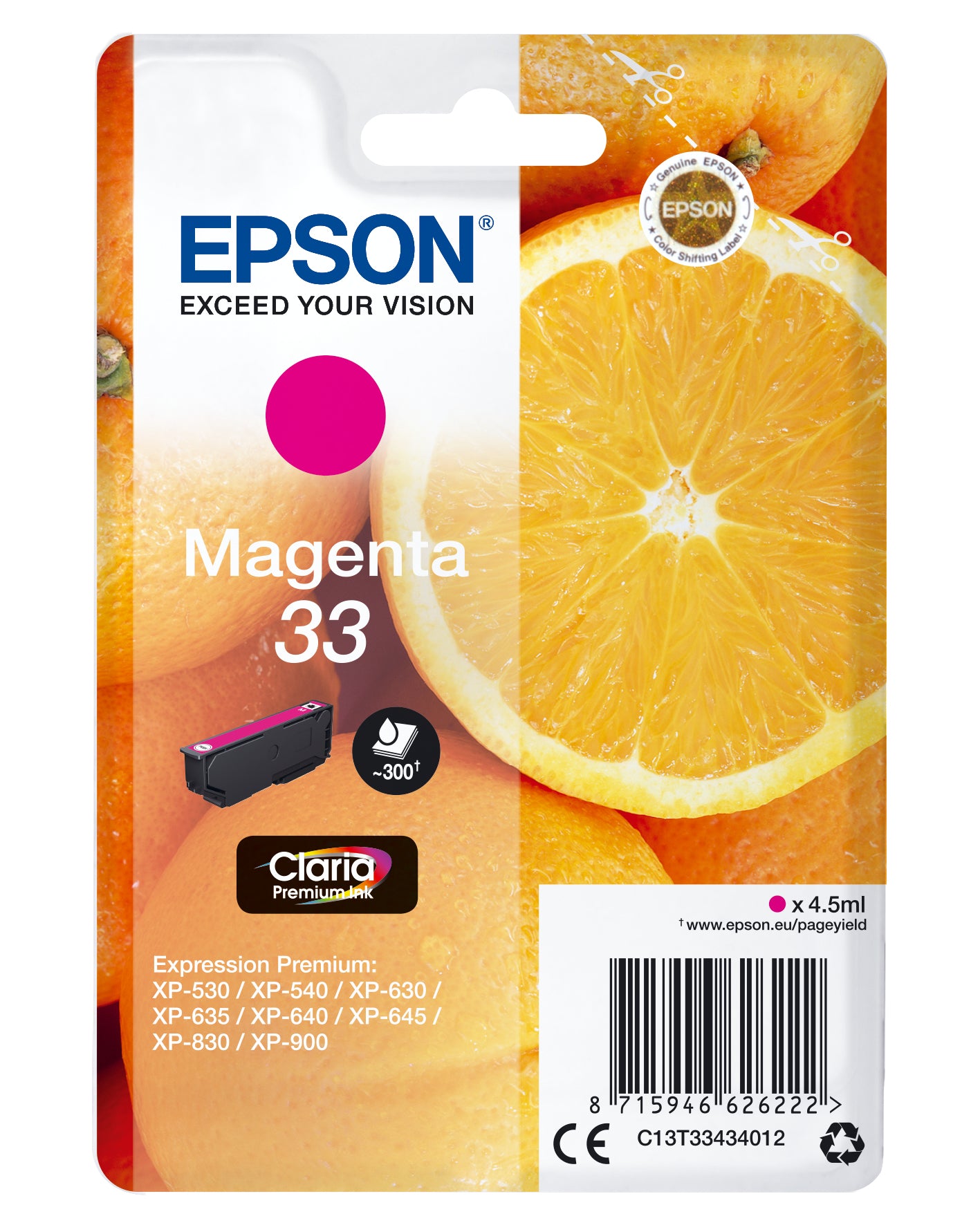 Epson 33 Magenta Tintenpatrone (Original) – 300 Seiten – für Epson Expression Premium XP-900/XP-830/XP-645 …
