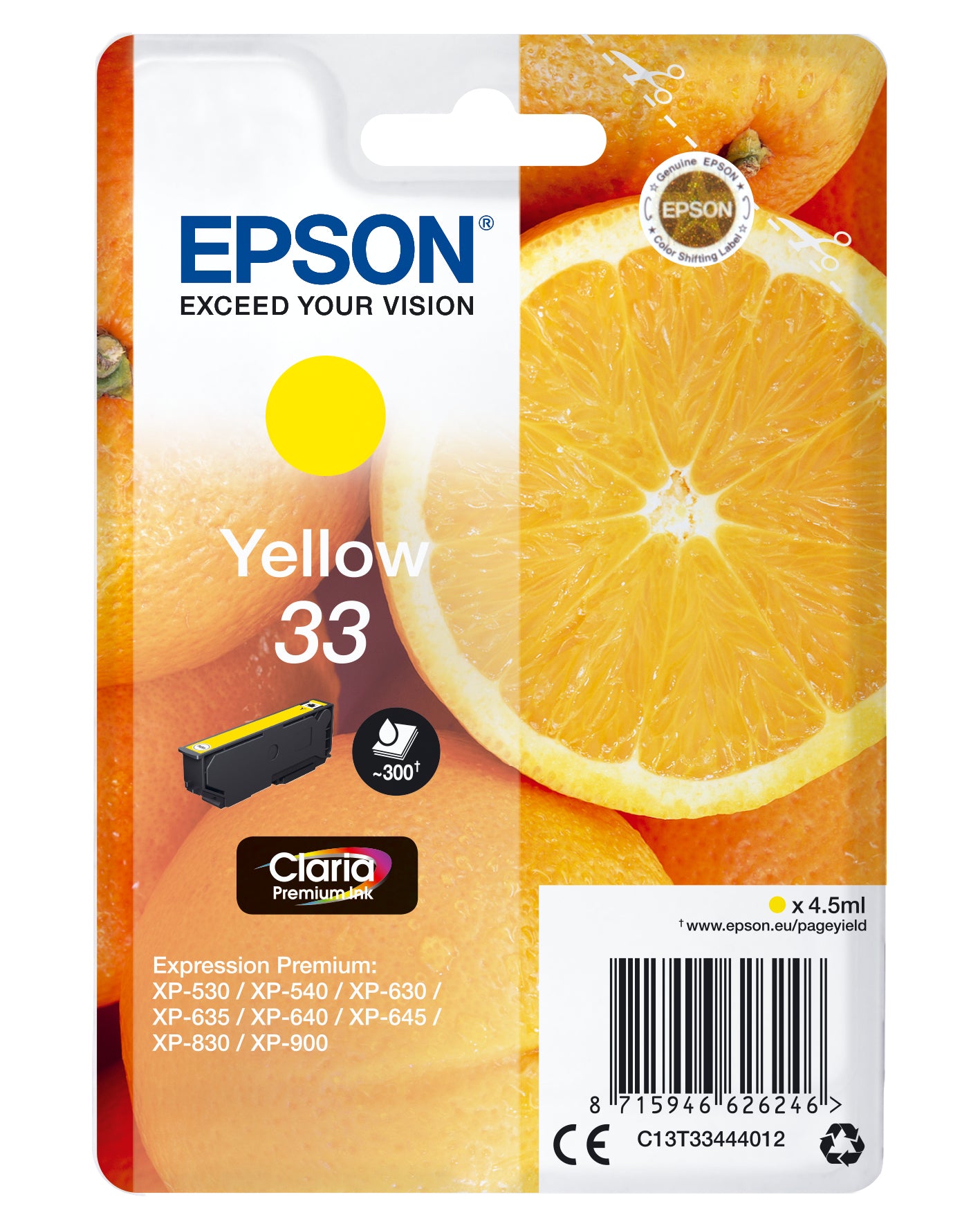 Epson 33 Gelb Tintenpatrone (Original) – 300 Seiten – für Expression Premium XP-900/XP-830/XP-645 …