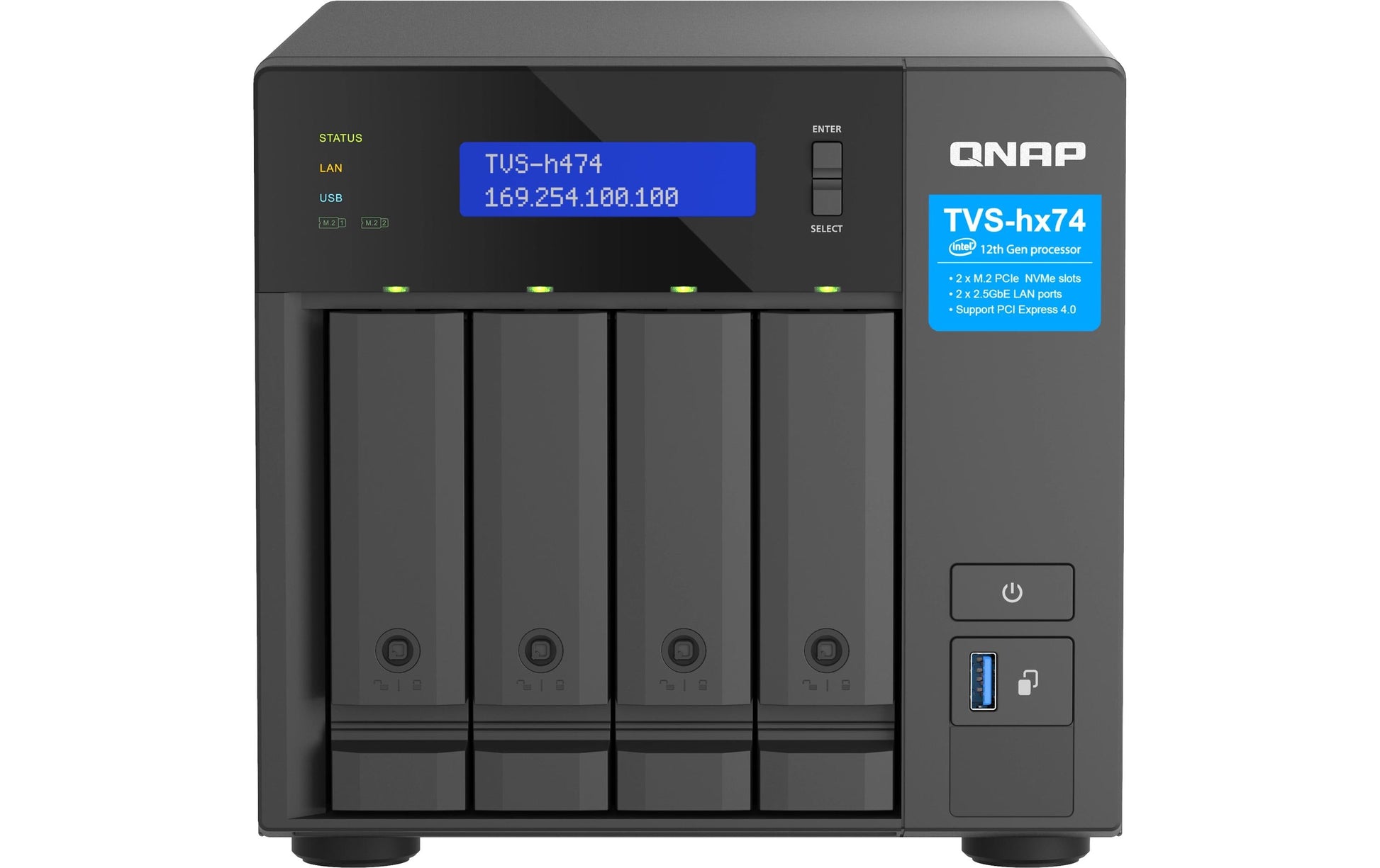 QNAP TVS-H TVS-H474-PT-8G Speichergerät – 2× 2,5 GbE, 4 Bay, 8 GB DDR4