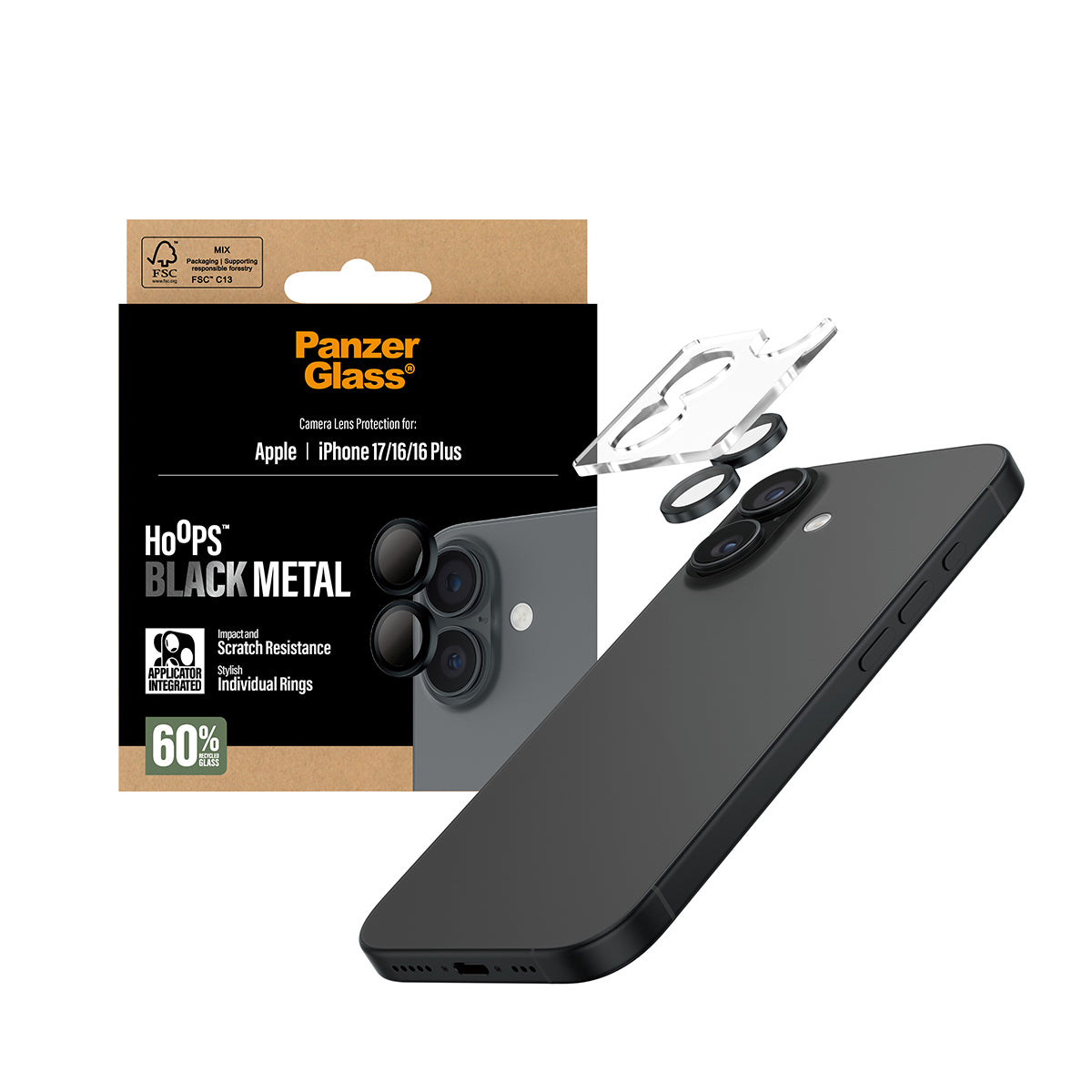 PanzerGlass Kameraschutz Hoops – für Apple iPhone 17/16/16 Plus, kratzresistent, stossfest, Hartglas, schwarz