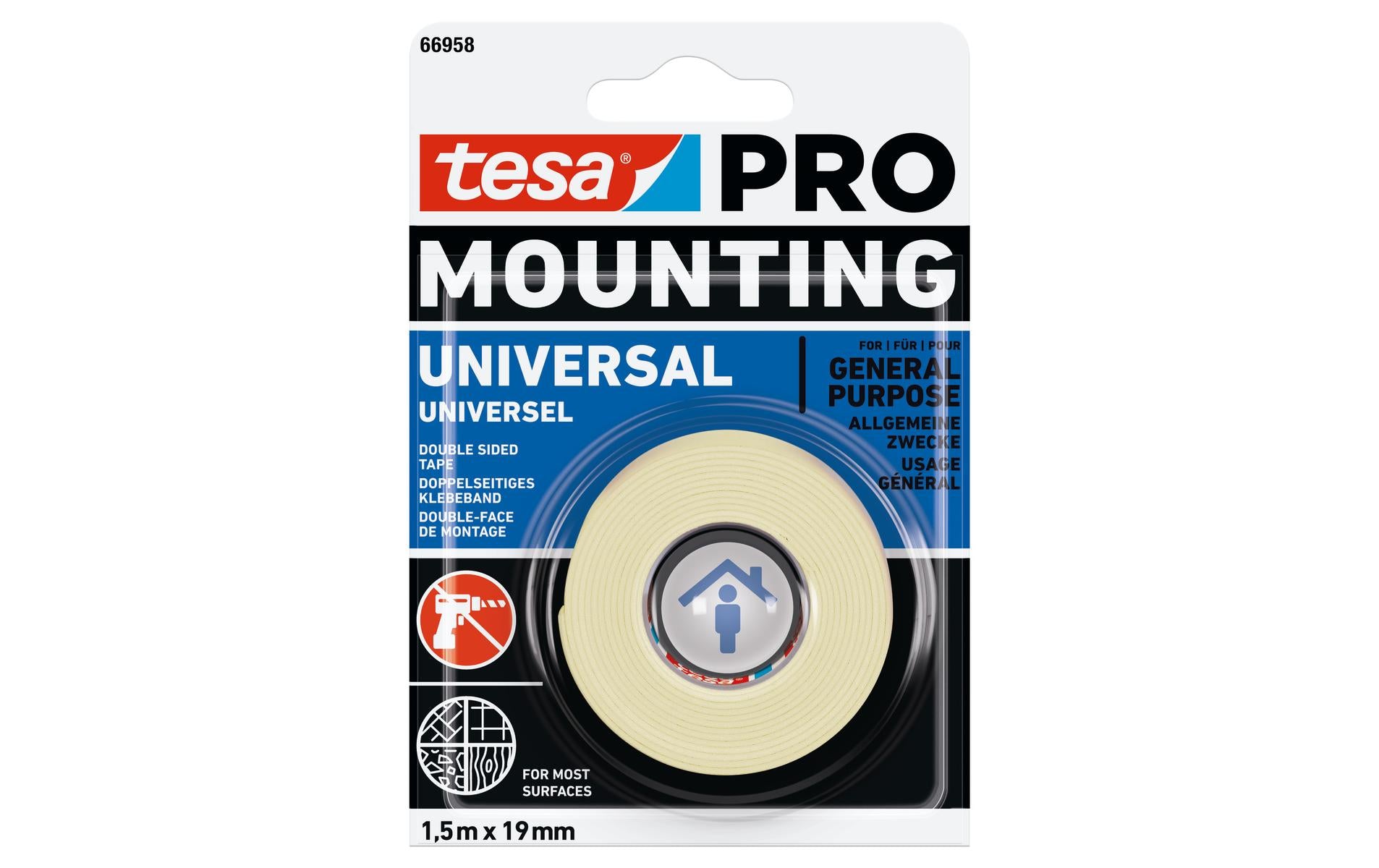 TESA Montageband – 19 mm × 1,5 m, für Metall/PVC/Holz, weiss, Innen & Aussen