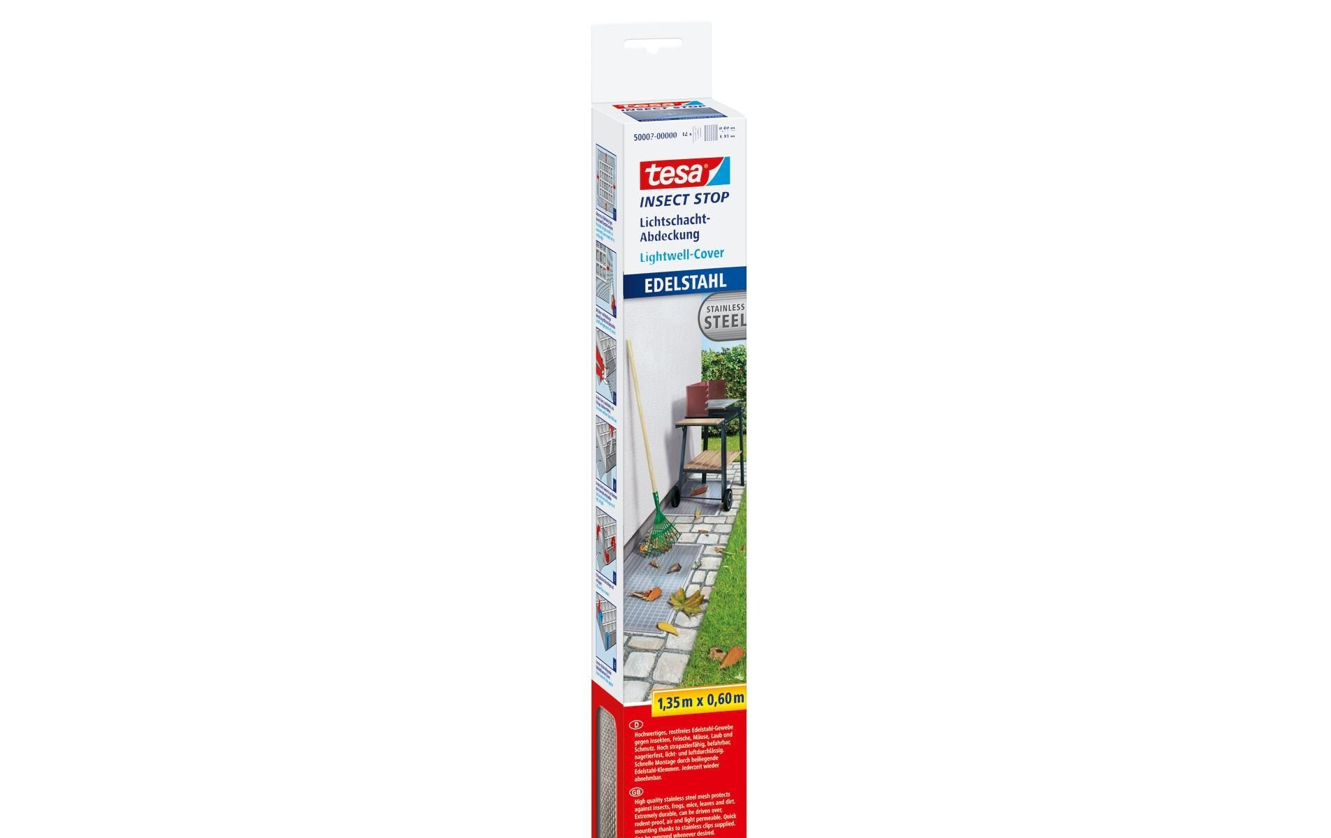 Tesa IS Lightwell Steel Fenster-Fliegengitter – 135 × 60 cm – transparent – Edelstahl – für Fenster