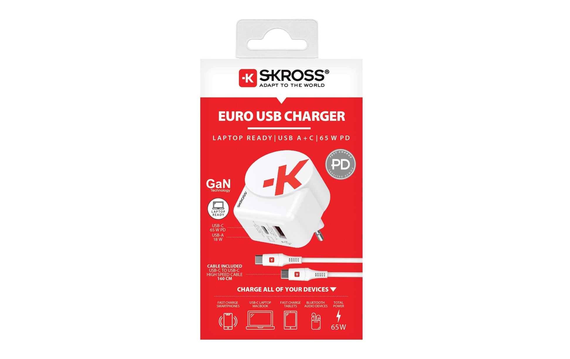 Skross AC65PD Ladegerät (EU) – 1× USB-C + 1× USB-A, PD, GaN – für Digitalkamera, E-Book-Reader, Laptop und mehr
