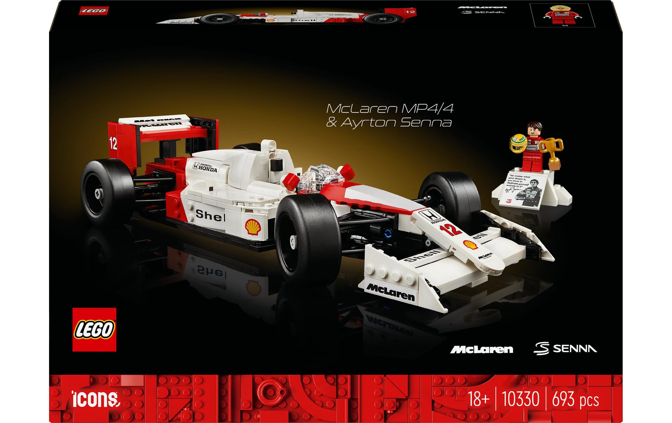 LEGO Icons McLaren MP4/4 & Ayrton Senna Bauset – 693-teilig – 17 × 12 × 32 cm – ab 18 J.