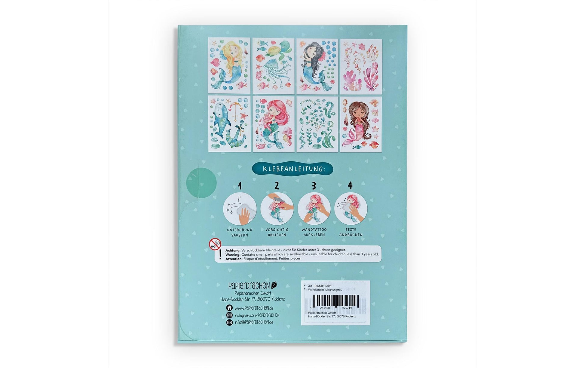 Papierdrachen Wandtattoos-Set – Meerjungfrau, 22 × 30 cm – Papier, Mehrfarbig
