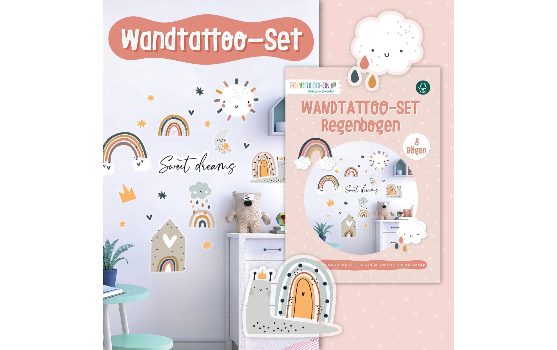 Papierdrachen Wandtattoo-Set – 22 × 30 cm, 8 Blätter – Papier, Mehrfarbig