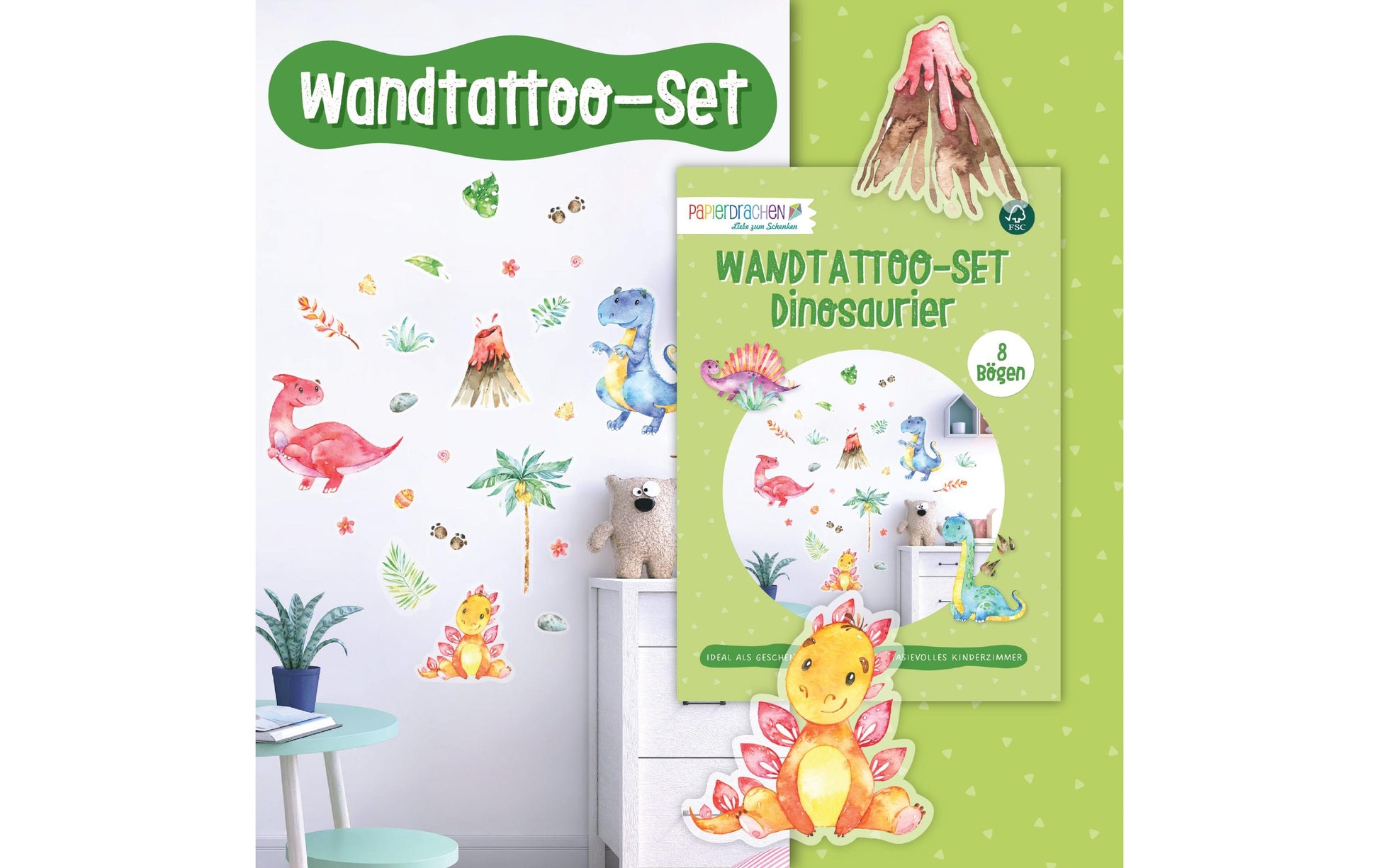 Papierdrachen Wandtattoo-Set – 22 × 30 cm – 8-teilig – Papier, mehrfarbig