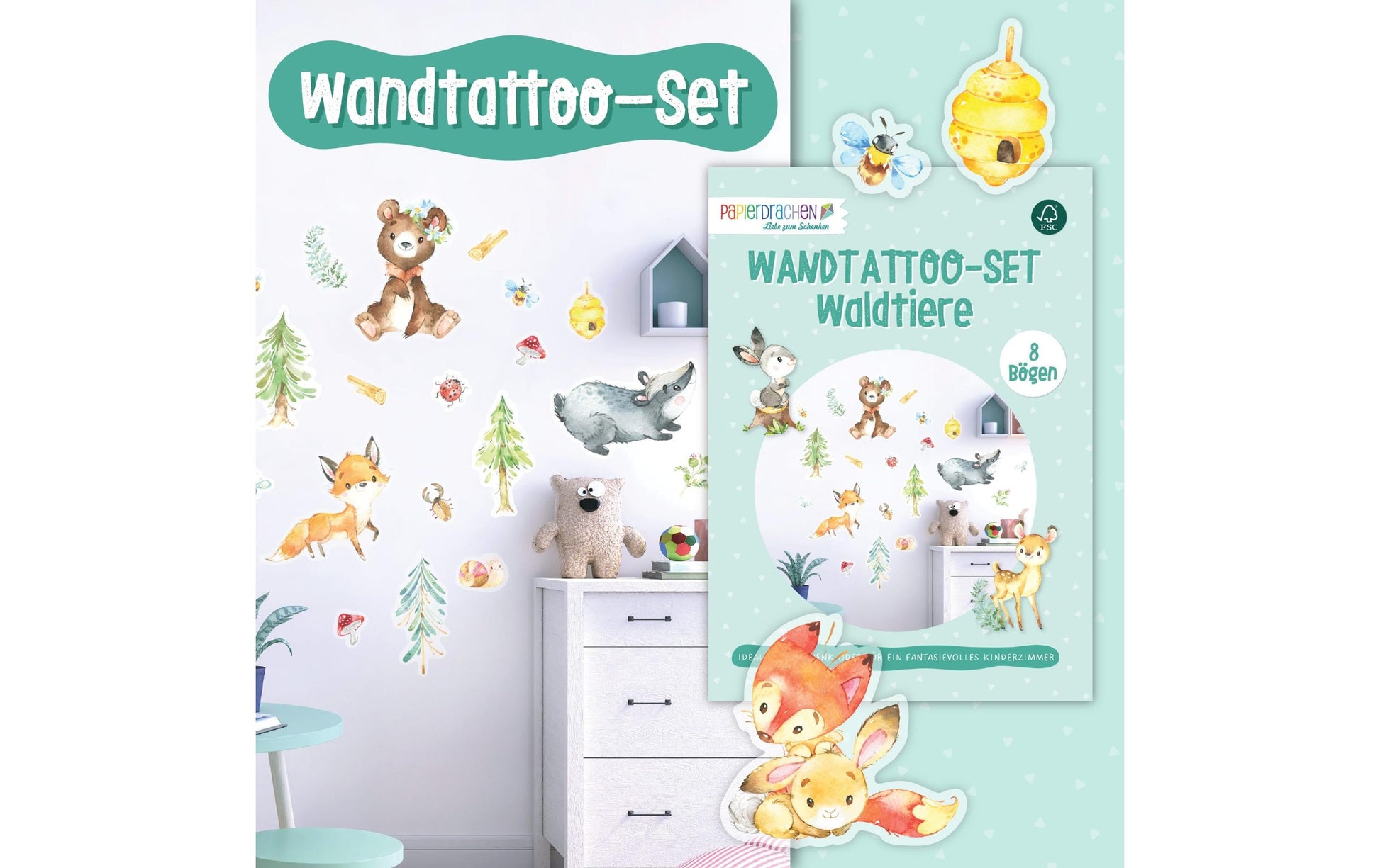 Papierdrachen Wandtattoos-Set – für 22 × 30 cm – Papier, mehrfarbig, 8-teilig