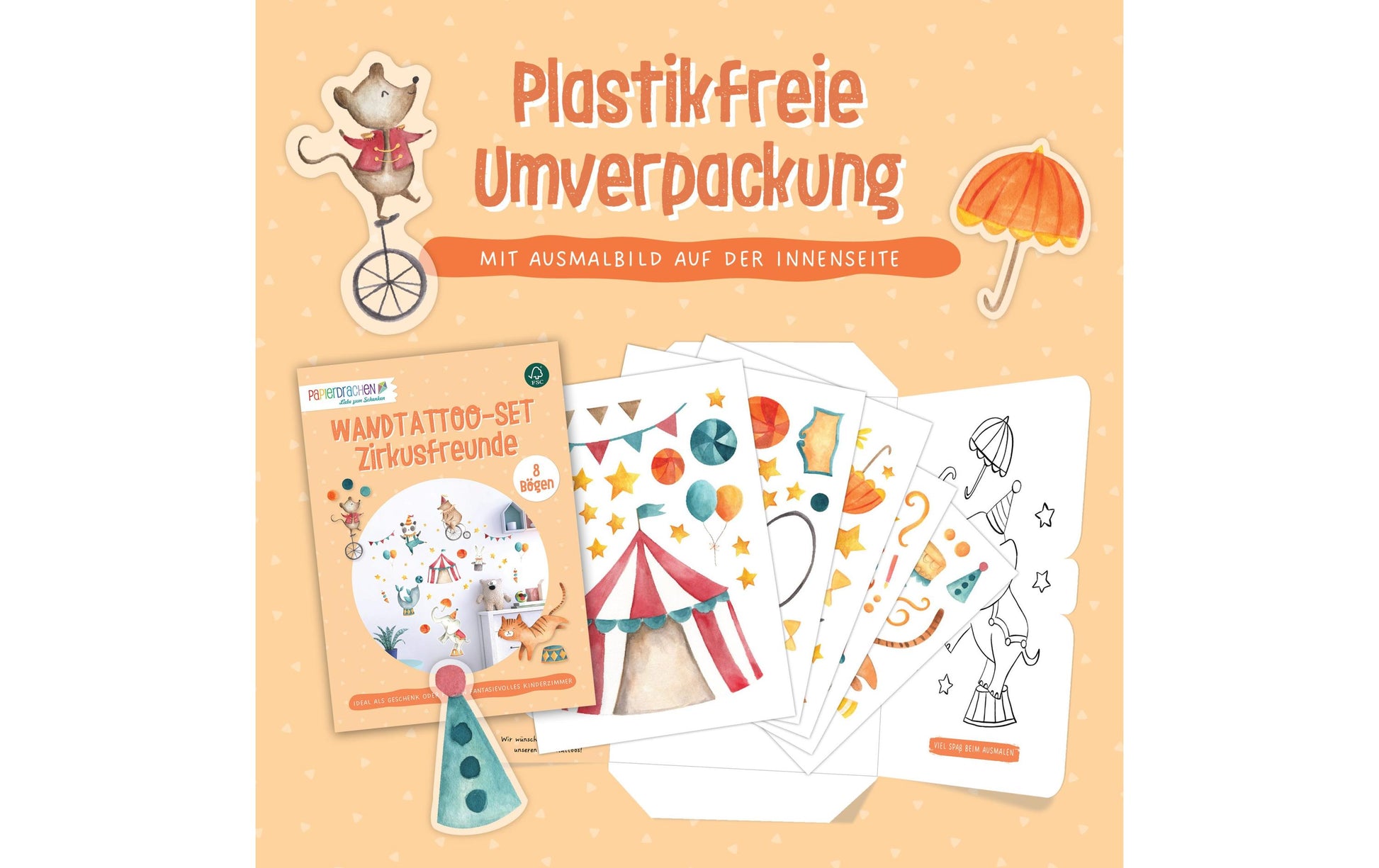 Papierdrachen Wandtattoos-Set Zirkus – für Glas, Spiegel, Kunststoff u. a. – Papier, mehrfarbig – 8-teilig