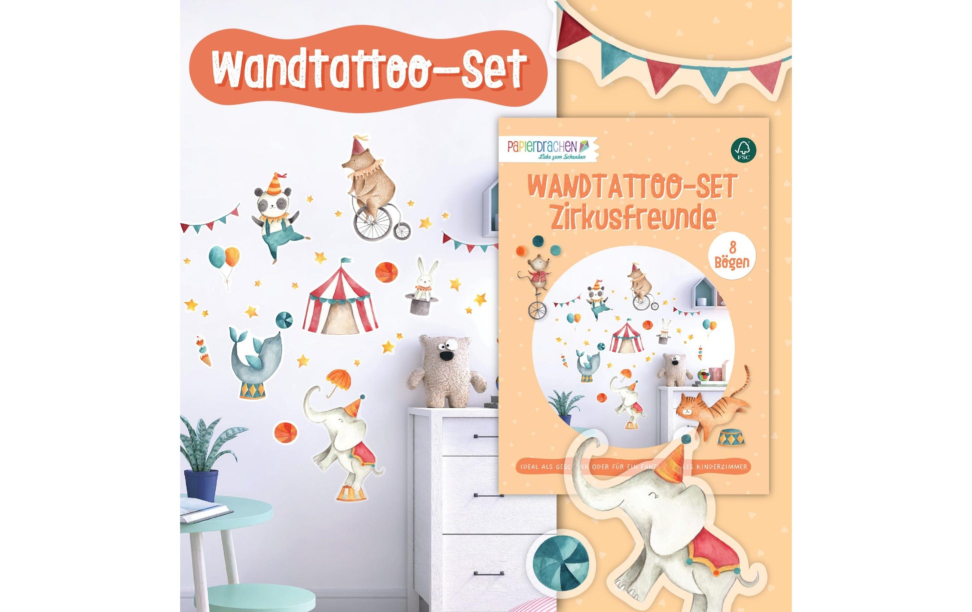 Papierdrachen Wandtattoos-Set Zirkus – für Glas, Spiegel, Kunststoff u. a. – Papier, mehrfarbig – 8-teilig