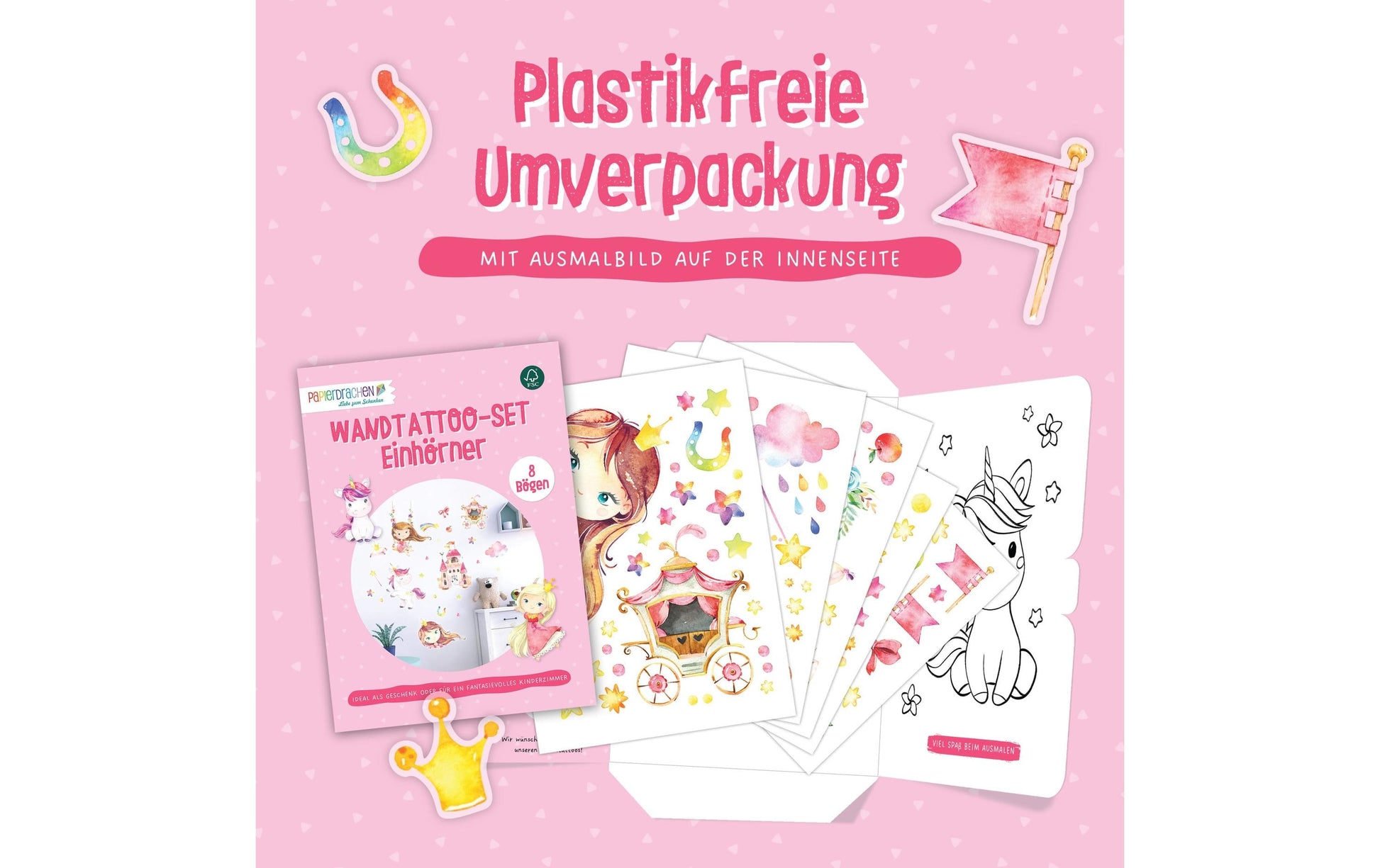 Papierdrachen Wandtattoo-Set – Einhorn – 22 × 30 cm – 8 Blätter – Papier, mehrfarbig