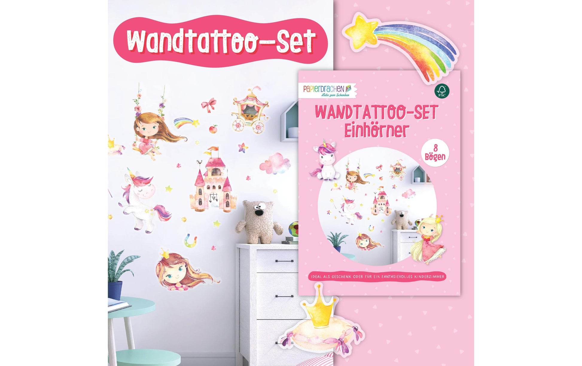 Papierdrachen Wandtattoo-Set – Einhorn – 22 × 30 cm – 8 Blätter – Papier, mehrfarbig