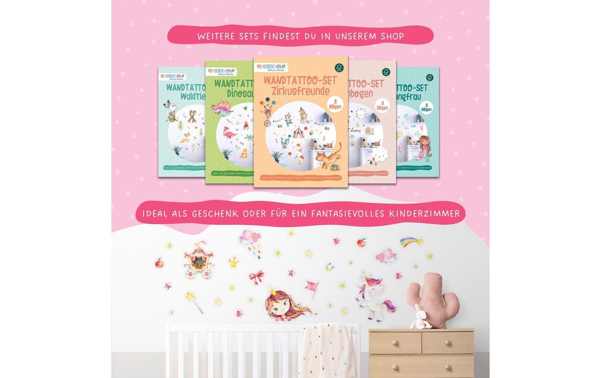 Papierdrachen Wandtattoo-Set – Einhorn – 22 × 30 cm – 8 Blätter – Papier, mehrfarbig