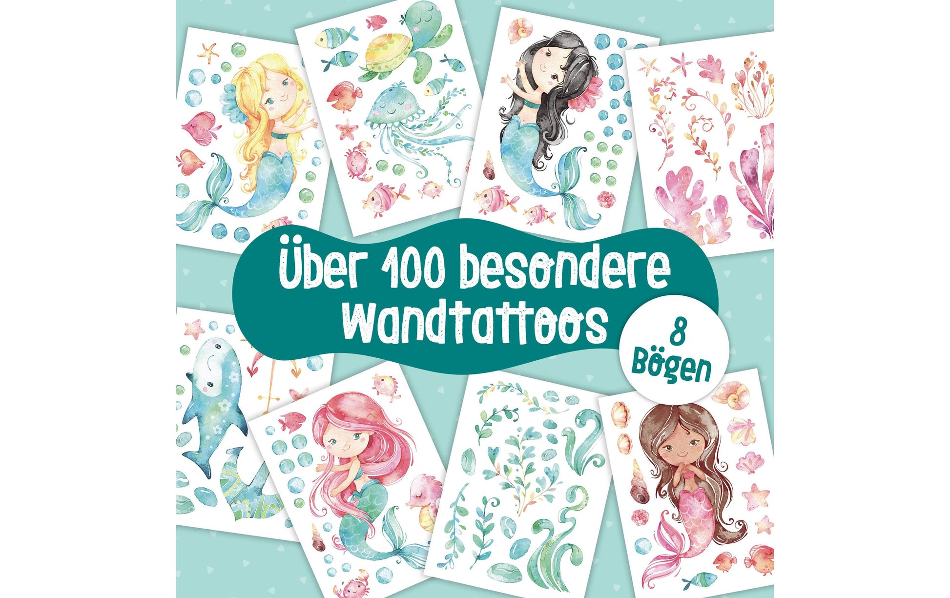 Papierdrachen Wandtattoos-Set – Meerjungfrau, 22 × 30 cm – Papier, Mehrfarbig