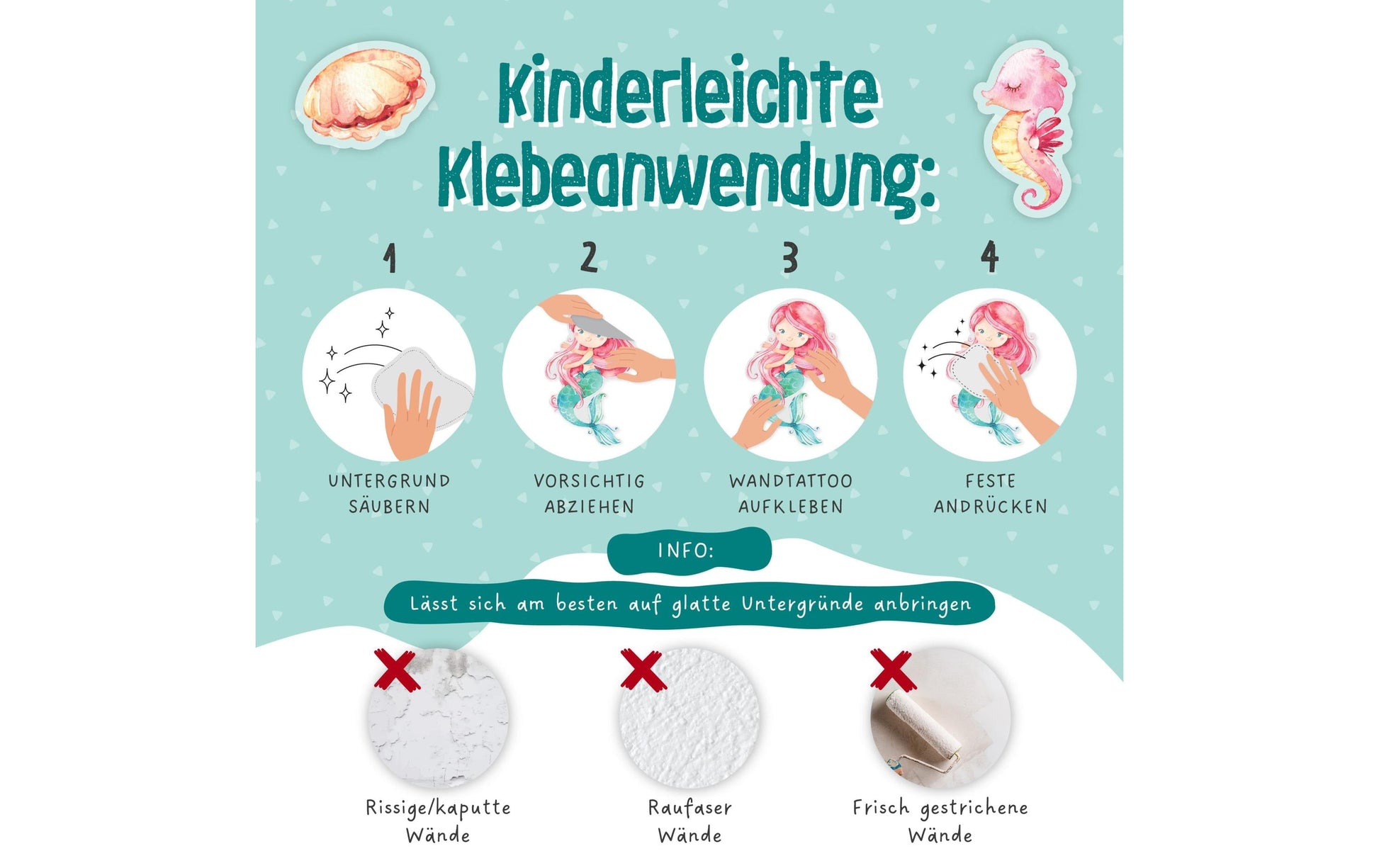 Papierdrachen Wandtattoos-Set – Meerjungfrau, 22 × 30 cm – Papier, Mehrfarbig