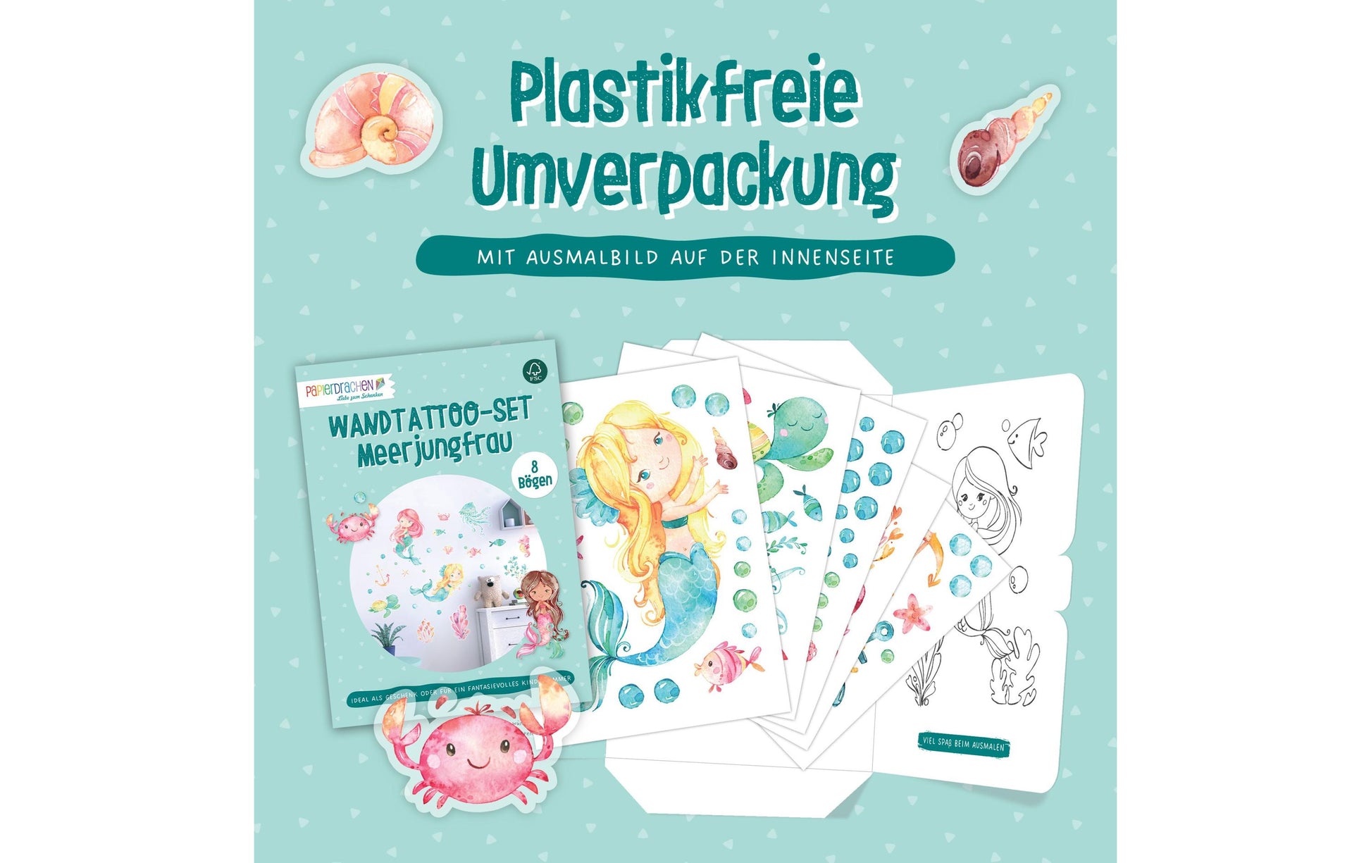 Papierdrachen Wandtattoos-Set – Meerjungfrau, 22 × 30 cm – Papier, Mehrfarbig