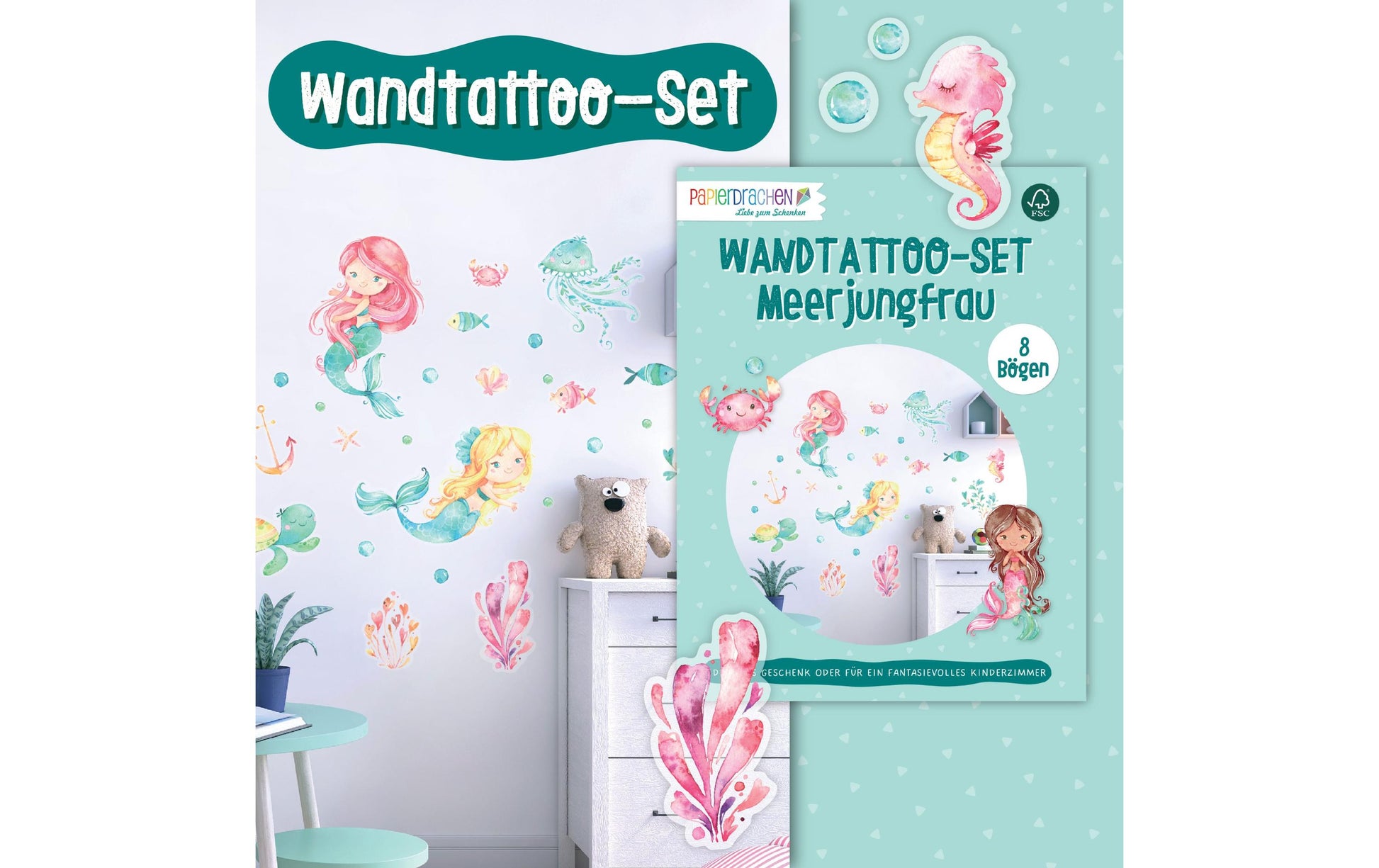 Papierdrachen Wandtattoos-Set – Meerjungfrau, 22 × 30 cm – Papier, Mehrfarbig