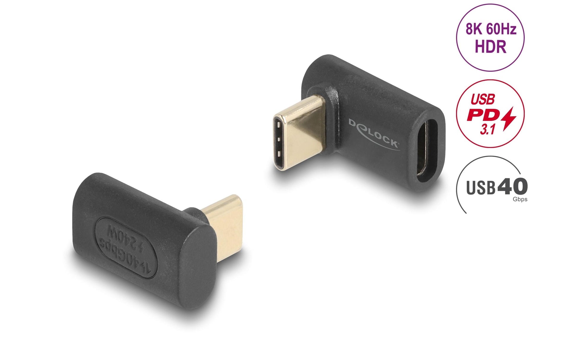 DeLOCK USB-Adapter USB-C Stecker auf USB-C Buchse – USB4 40 Gbit/s – PD 240 W – 8K/60 – Abgewinkelt, Optisch