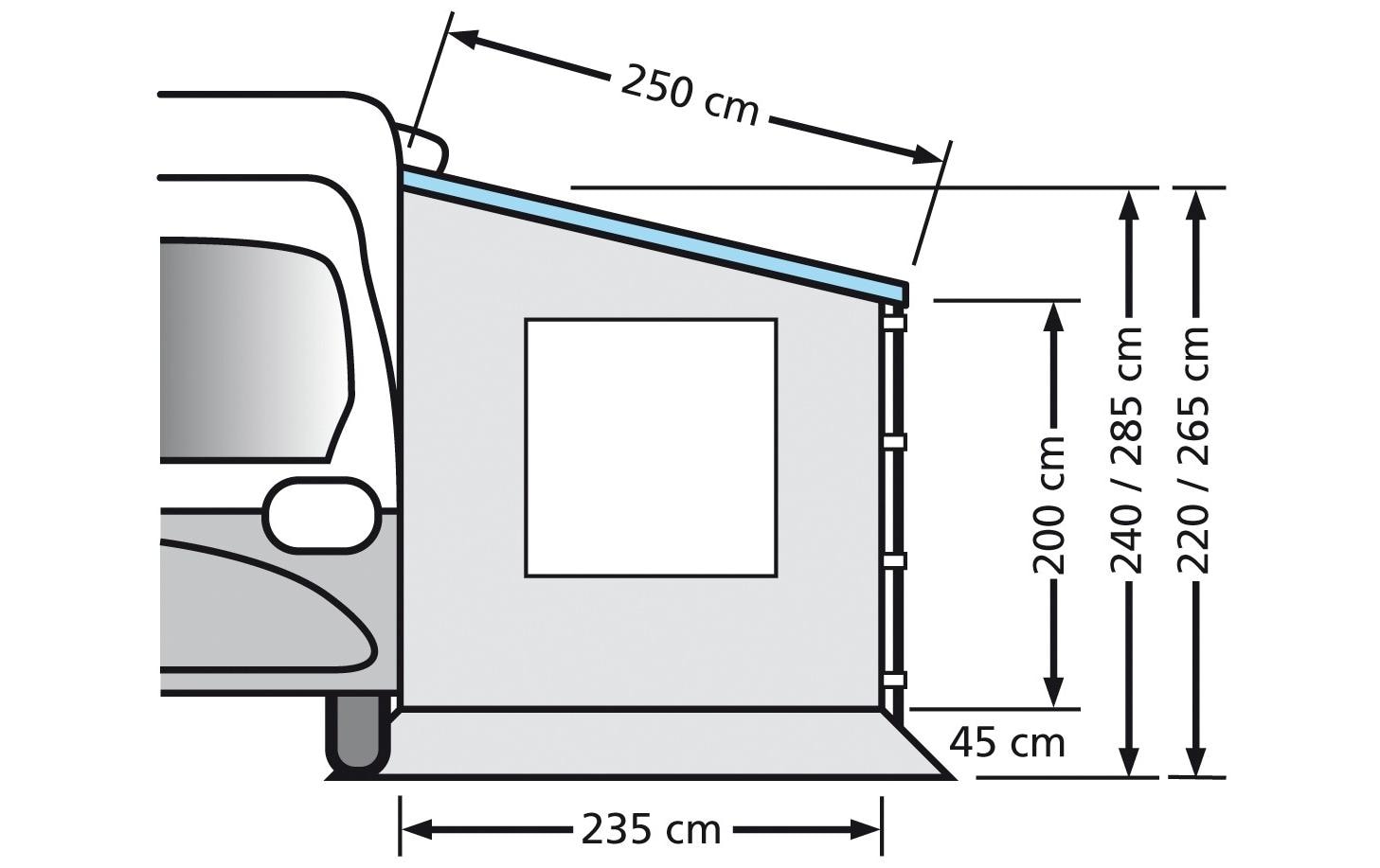 Eurotrail Canopy – mit Fenster, Seitenwänden – für Wohnwagen, Reisemobil, Bus – 2350×2200×2000 mm – grau