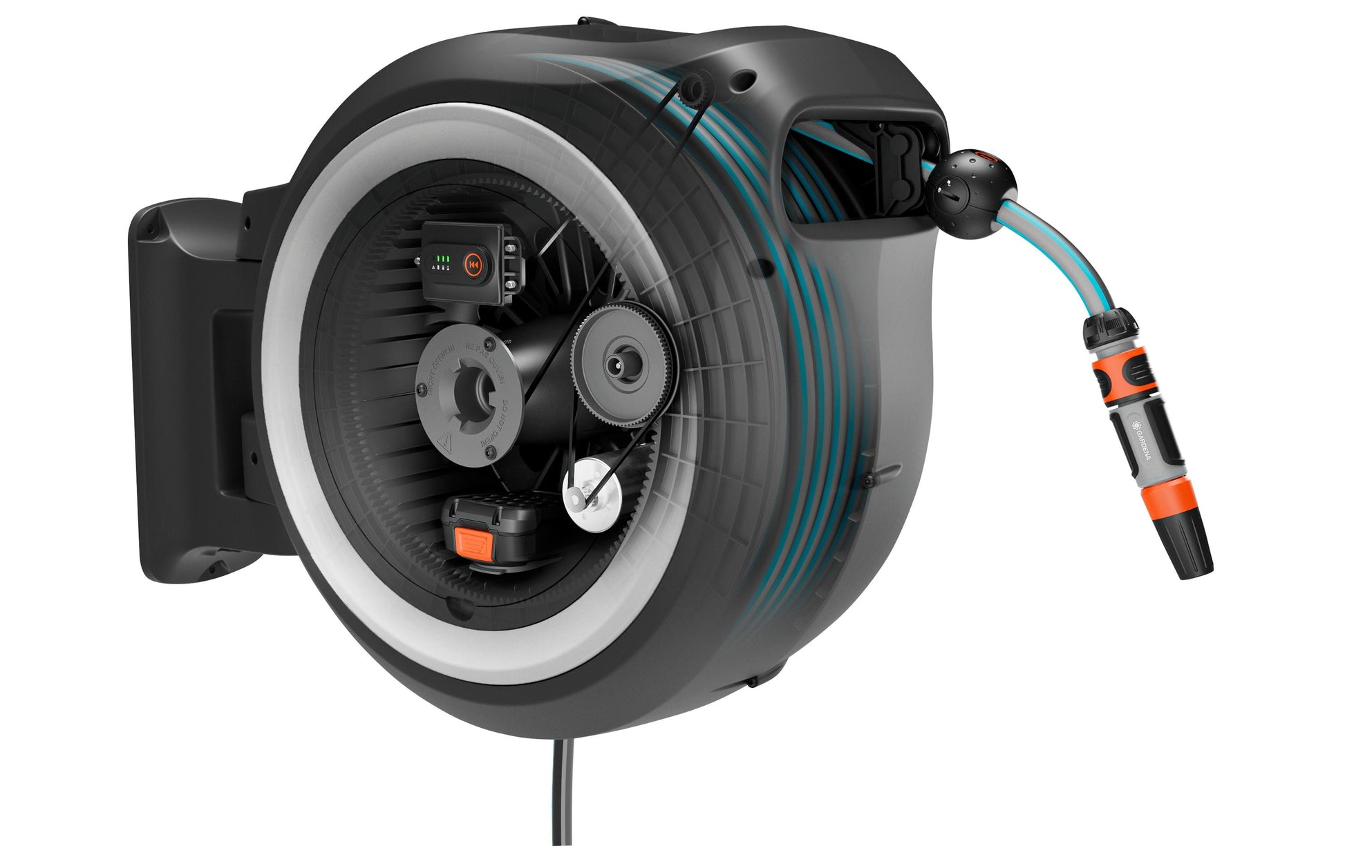 Gardena PowerRoll Schlauchbox 40 m – Akku, Wandmontage, frostbeständig, mit Ausguss, Anthrazit/Weiss