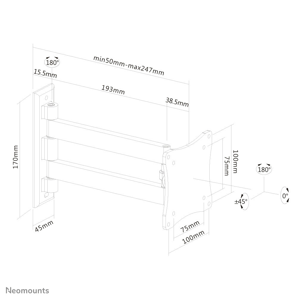 Neomounts FPMA-W820 Wand-Schwenkarm – bis 24", VESA 75×75 mm, 12 kg, neigbar, 2 Gelenke, silber