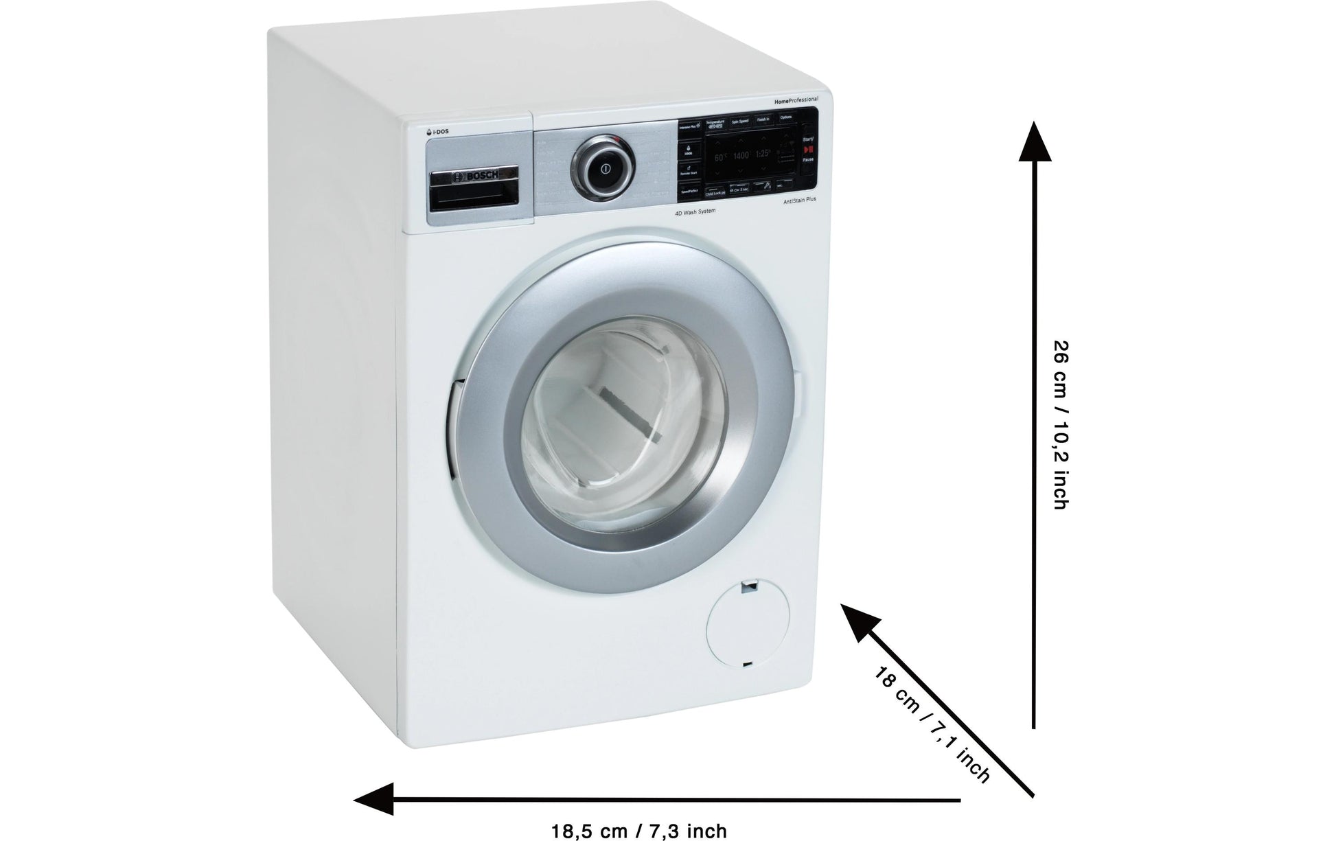 Theo Klein Spielzeug-Waschmaschine – mit Ton, 3×LR14 – 18,5×26,0×18,0 cm – ab 3 J. – schwarz/weiss