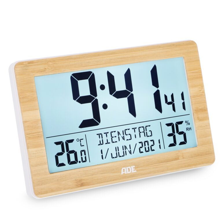 ADE Wecker CK2113 – Funk – Digital – 16,7 × 3 × 13 cm, Bambus-Weiss, Thermometer, Kalender