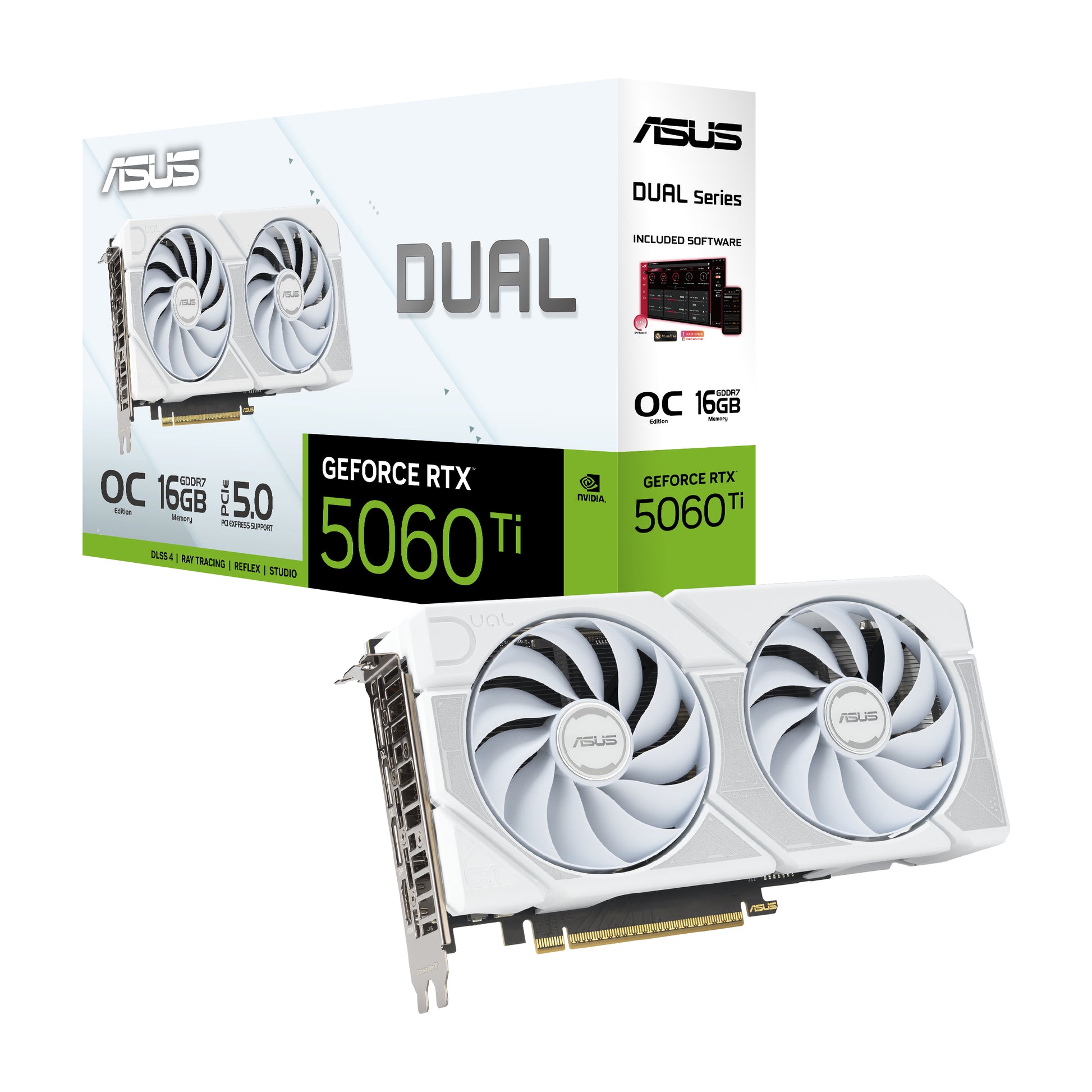 ASUS DUAL-RTX5060TI-O16G-WHITE – Grafikkarte – GeForce RTX 5060 Ti, 16 GB GDDR7, PCIe 5.0, 3×DP/1×HDMI, Weiss
