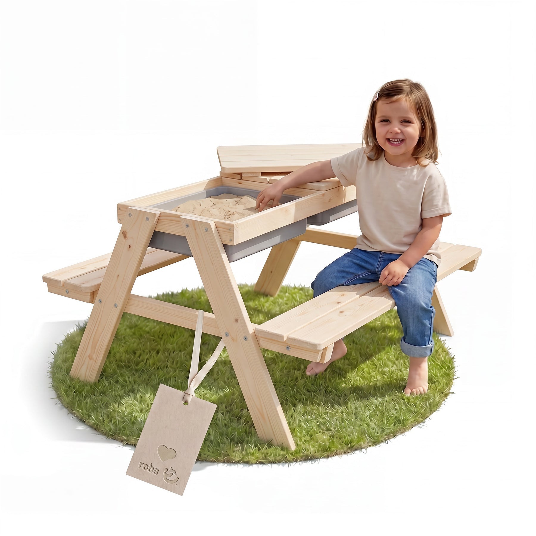 Roba Kinderstuhl 456002NU – 89 × 85,5 × 50 cm – Kunststoff & Massivholz – Holzfarbe/Grau – mit Spielwannen
