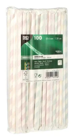 Papstar Strohhalme Pure, Papier, Ø 6 mm 20 cm, mehrfarbig (Streifen) – FSC – 100 Stk.
