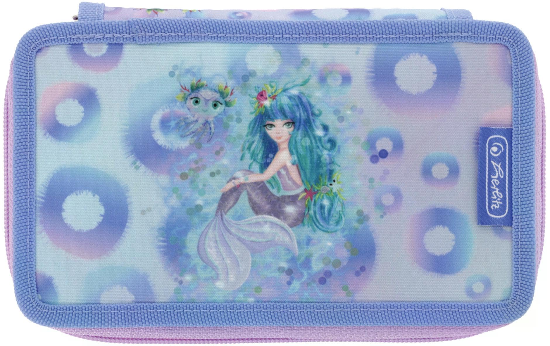 Herlitz Mystic Mermaid – Schüleretui, 2 Klappen, gefüllt (23-teilig), Blau/Pink, 19,3 × 5 × 11,5 cm