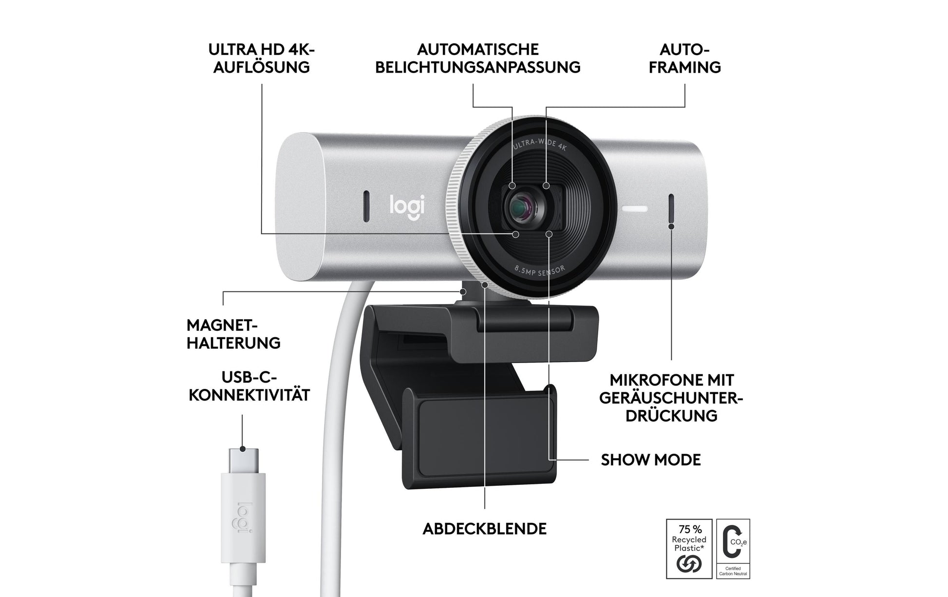 Logitech MX Brio Webcam – 4K Ultra HD, 30 fps, Autofokus, USB 3.0, Sichtschutz – Grau