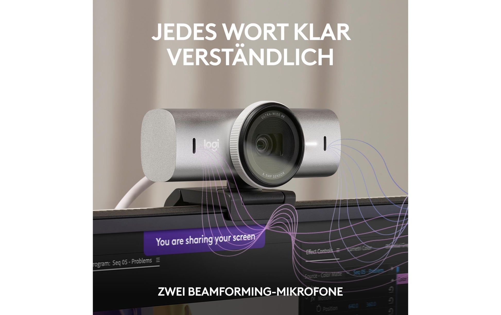 Logitech MX Brio Webcam – 4K Ultra HD, 30 fps, Autofokus, USB 3.0, Sichtschutz – Grau