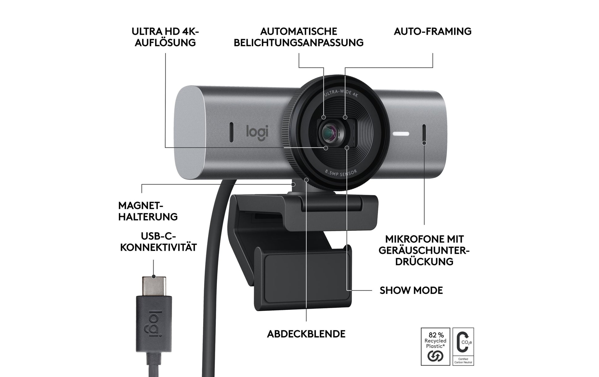 Logitech Brio Webcam – 4K Ultra HD, 30 fps, Autofokus, USB-C, Sichtschutz – Graphit