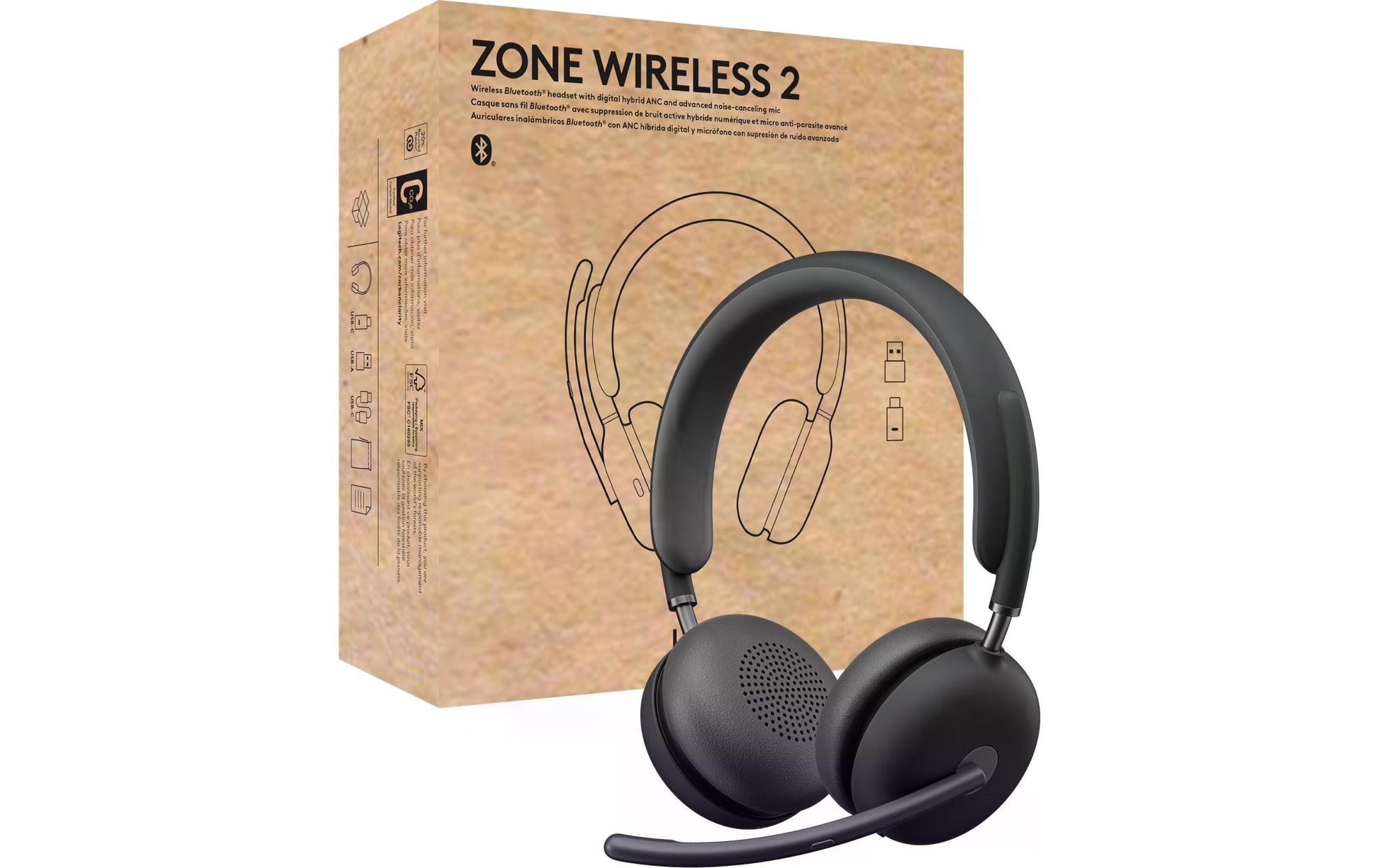 Logitech Zone Wireless 2 Office-Headset – On-Ear, Kabel + BT, ANC, MS Teams zertifiziert, mit USB-C-Dongle, Graphit