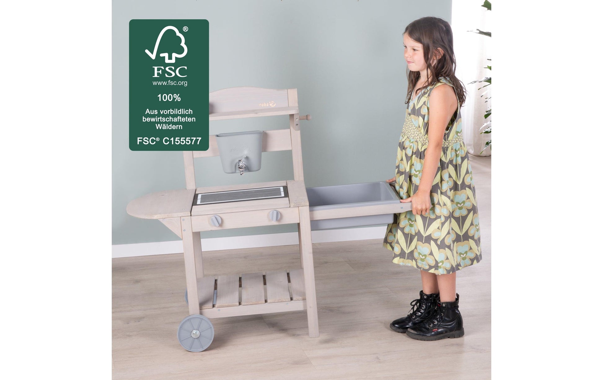 roba Matsch- & Spielküche BBQ – 114 × 89 × 37 cm – ab 1,5 J. – Holz, Kunststoff – hellgrau/Holz – FSC