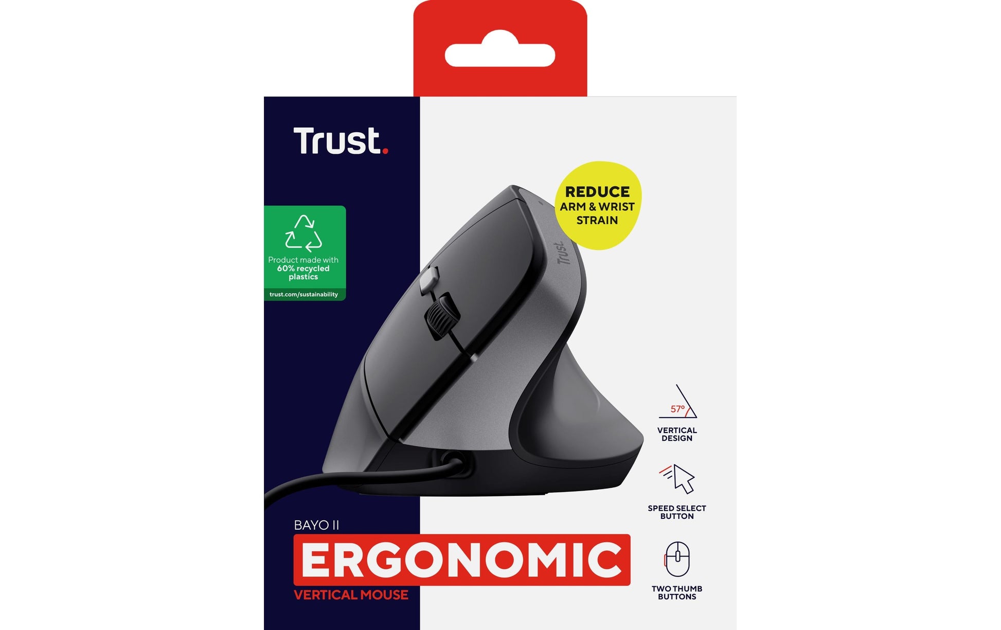 Trust Bayo II Ergonomisch – Vertikale Maus – Kabelgebunden (USB-A), Rechts, Schwarz