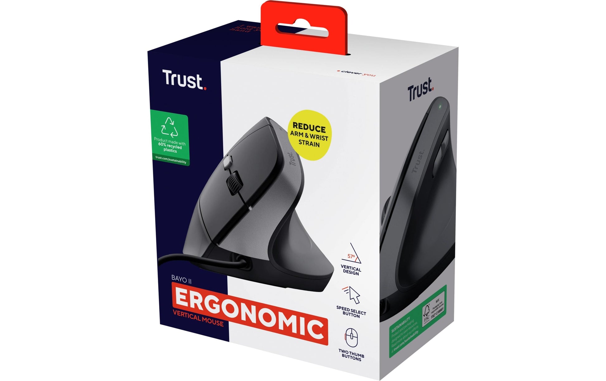 Trust Bayo II Ergonomisch – Vertikale Maus – Kabelgebunden (USB-A), Rechts, Schwarz