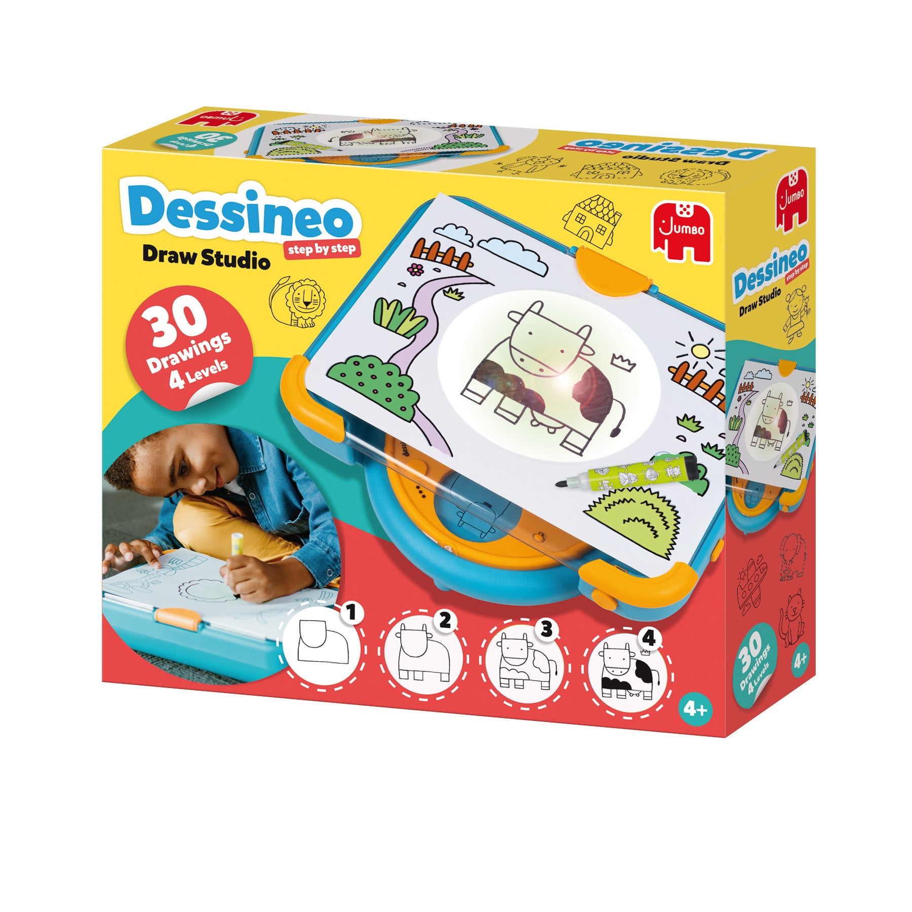 Jumbo Dessineo – Mal-Set für Kinder, sortiert, mit Zeichenplatte, 30 Schablonen, 1 schwarzer Stift
