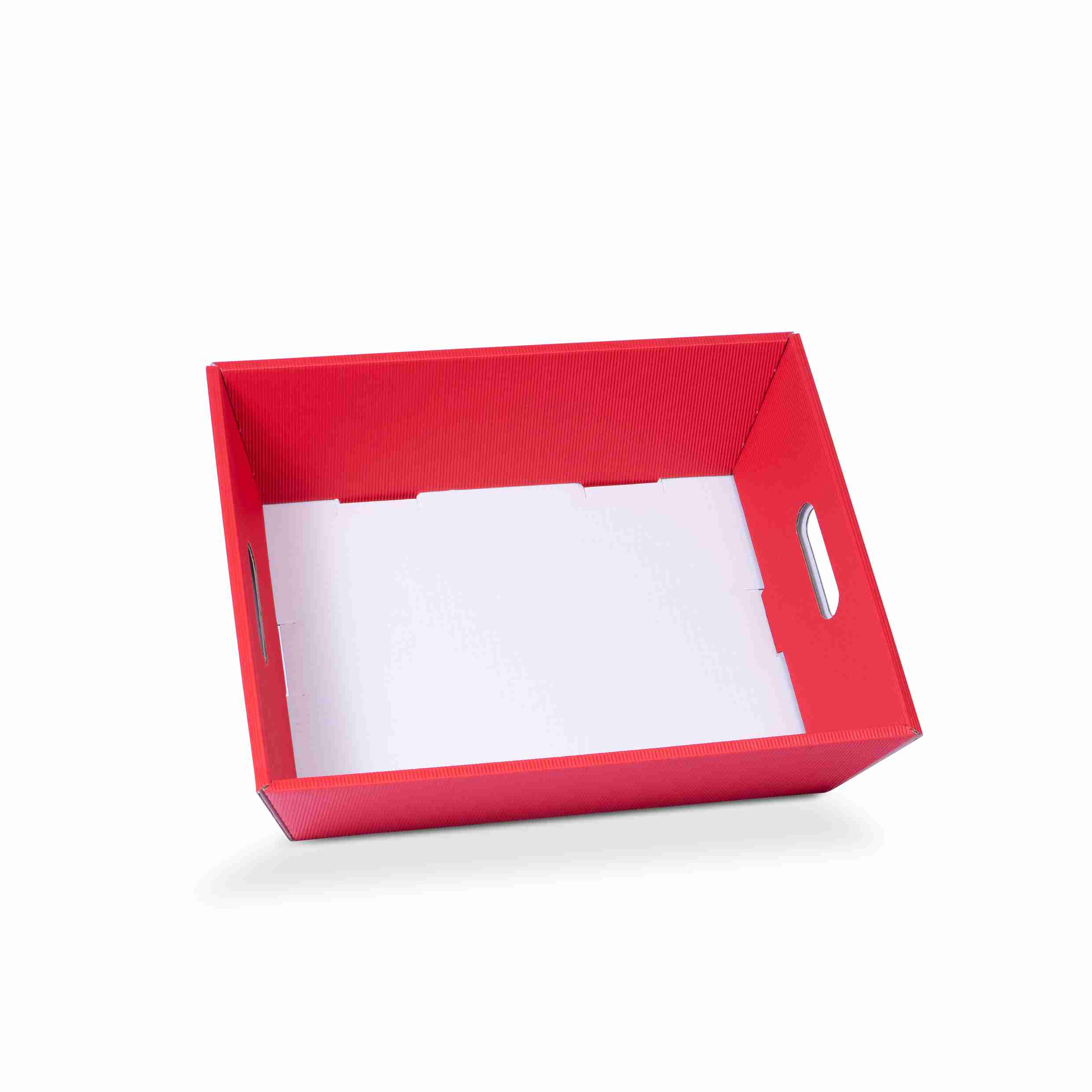Model Geschenkkorb Wellpappe rot – Innenmass 370 × 130 × 280 mm – mit Grifflöchern – 1 Stk., ab 20 Stk.