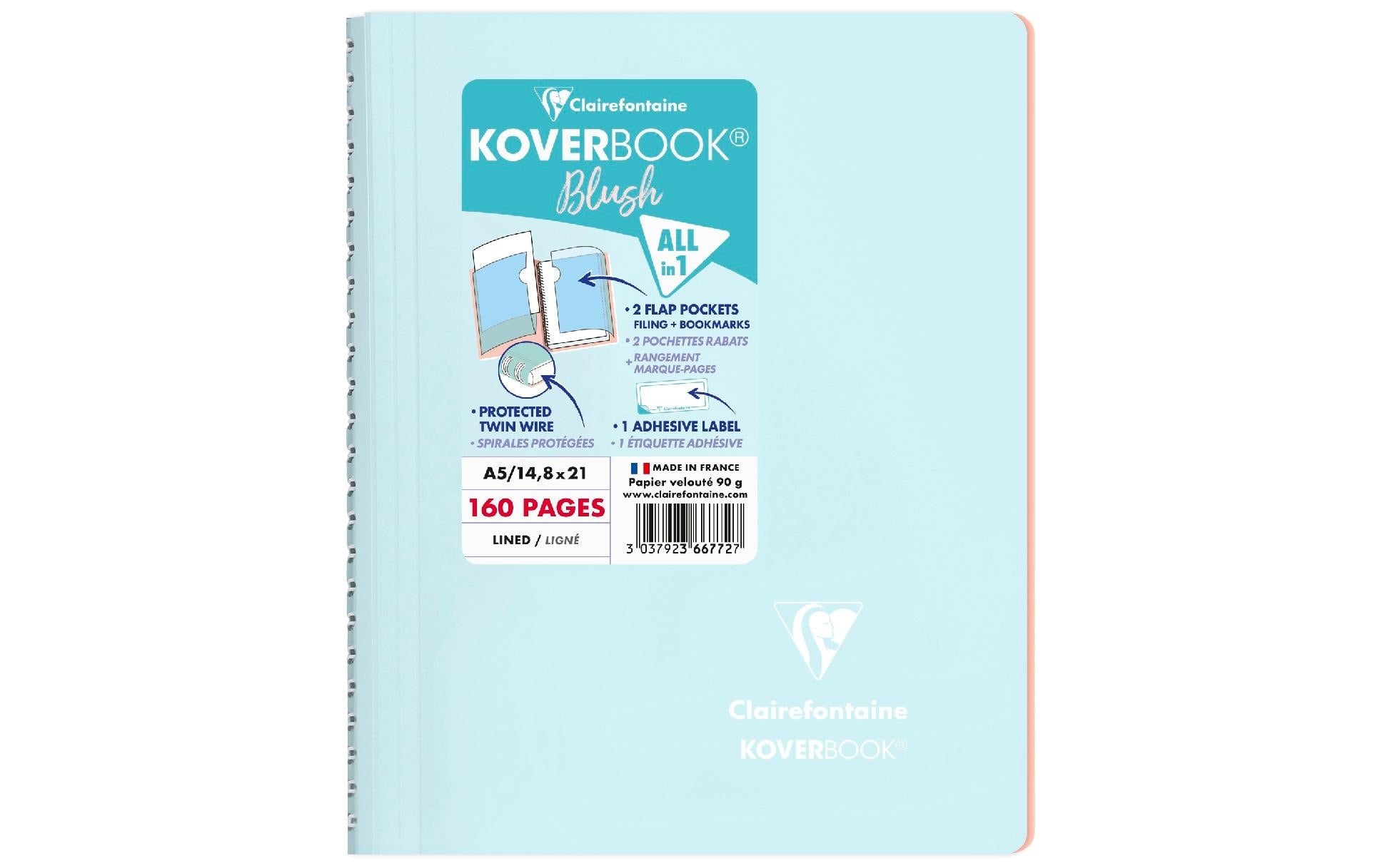 Clairefontaine Collegeblock – A5 – Liniert – 160 Seiten – 90 g/m² – Doppelspirale, 2 Taschen, Eisblau – PEFC