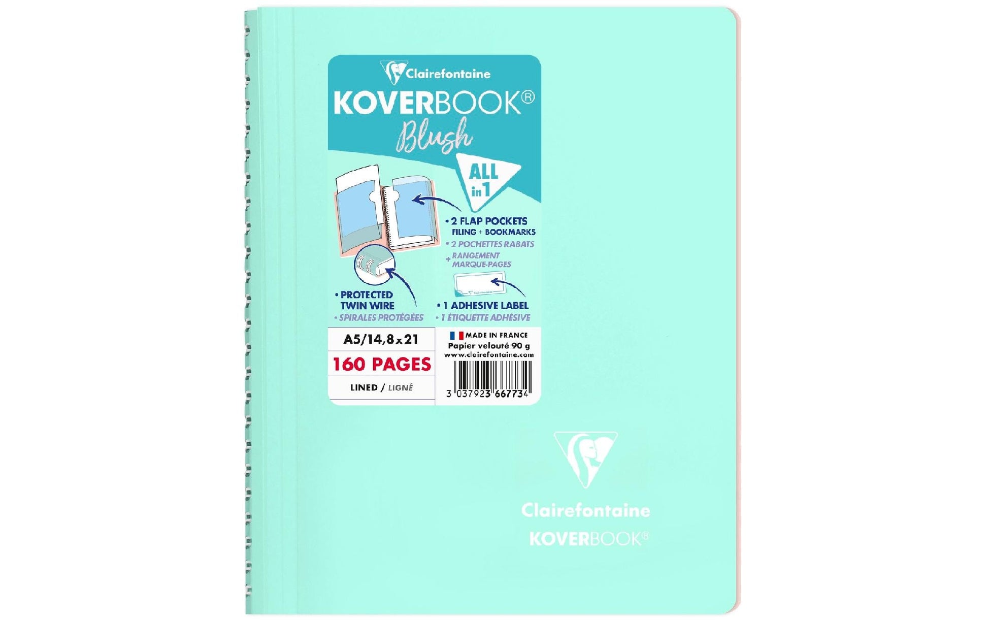 Clairefontaine Collegeblock – A5 – 90 g/m² – Doppelspirale, 2 Taschen, abgerundete Kanten, Mint, PEFC